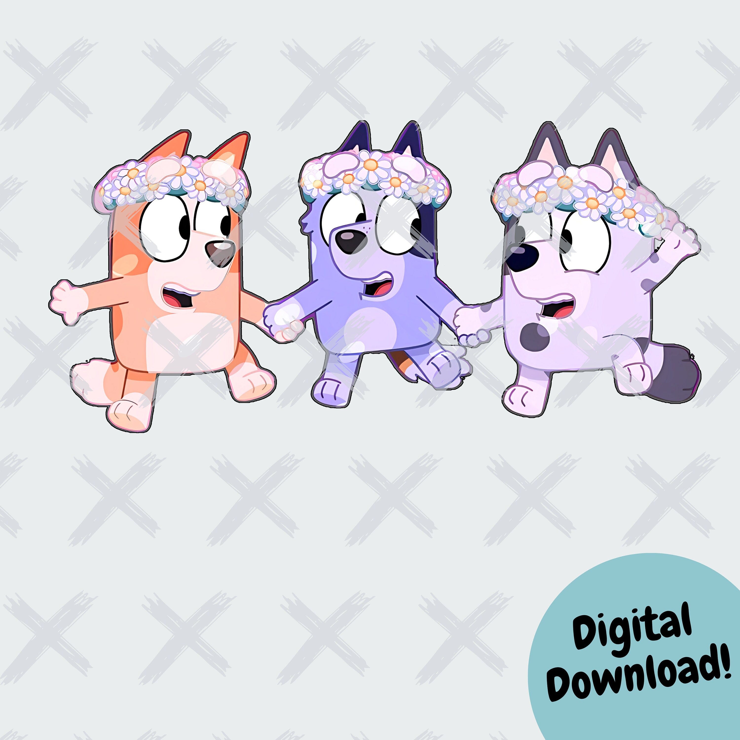 Bluey The Sign Clipart | Bingo, Muffin, and Socks in Flower Crowns | Bluey And Bingo Clipart | SVG PNG JPG Files | Blue Dog Show