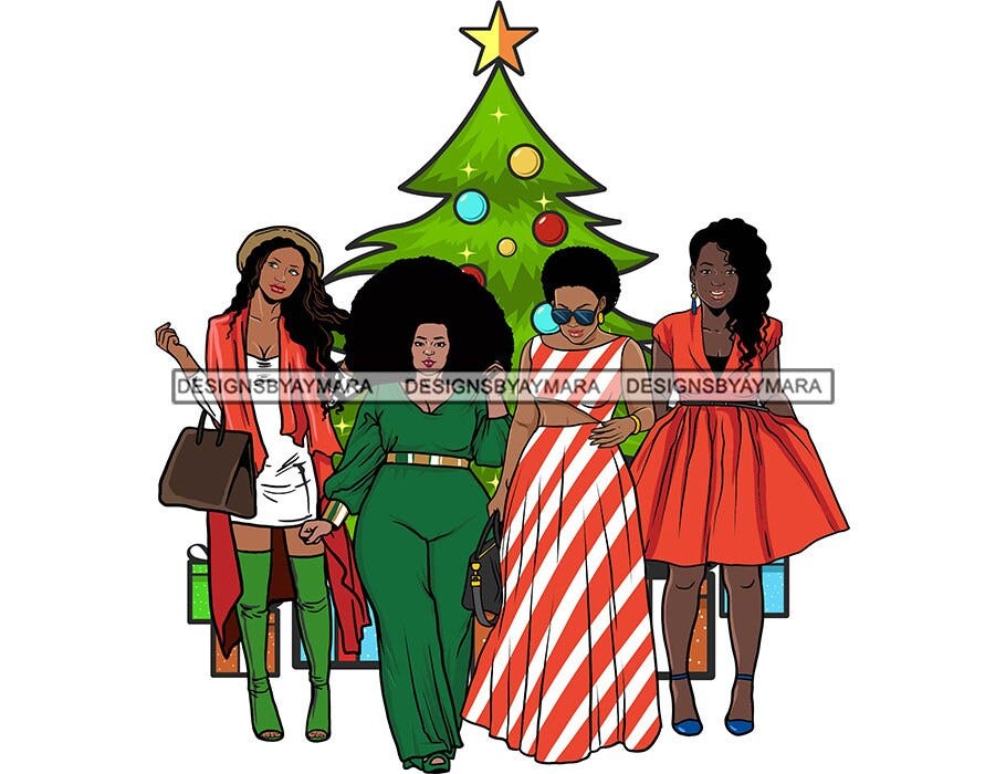 Christmas Gifts Celebration Friends Family Together Winter Tree Fashion Woman Melanin SVG JPG PNG Designs Clipart Cricut Silhouette Cutting
