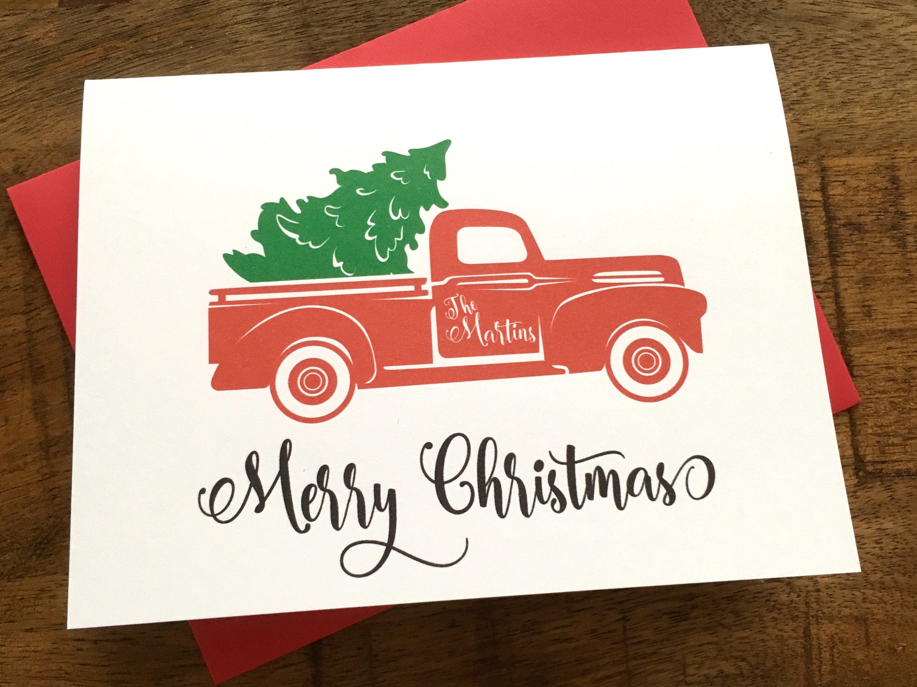 Personalized Christmas Cards - Red Truck and Christmas Tree Cards - Holiday Cards - Seasons Greetings Christmas Card DM720