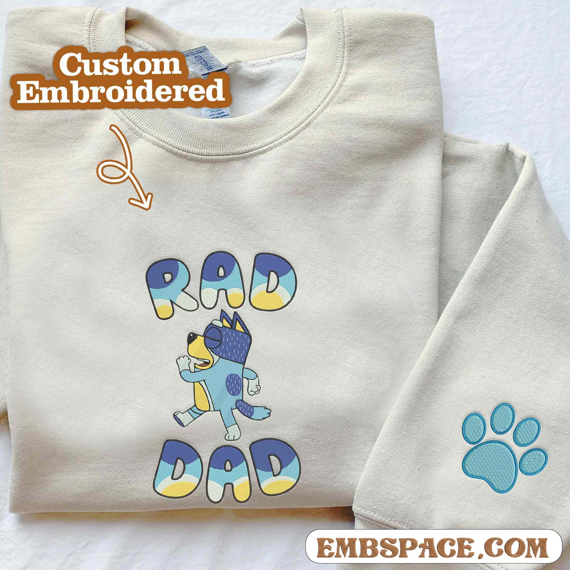 Rad Dad Blue Dog Sweatshirt, Blue Dog Characters Embroidery  Sweatshirt, Custom Kids Name on Sleeve Hoodie, Embroidery Gift For Family