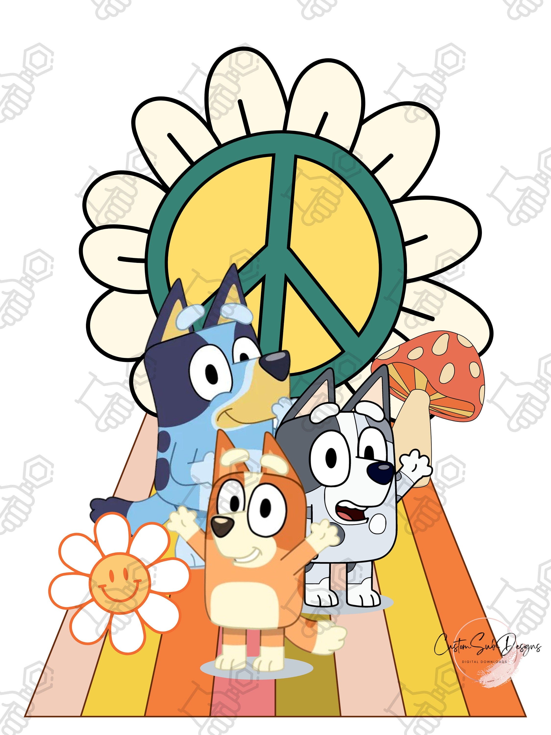 Blue Dog cartoon - Hippy- retro- peace - sublimation - fall autumn mushrooms - png jpg - commercial small business and commercial