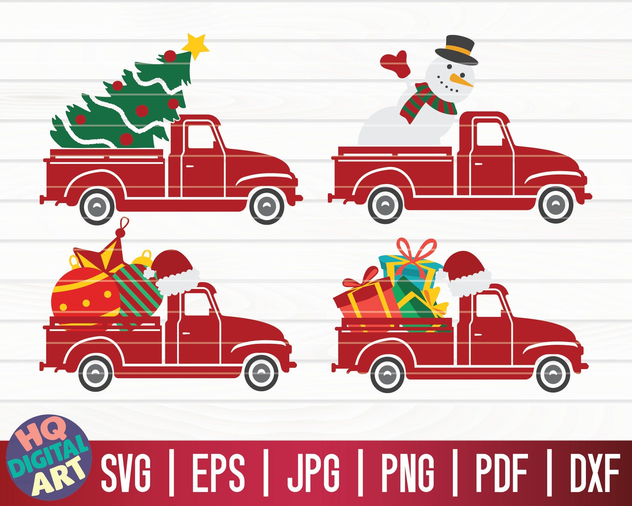 4 Christmas Trucks SVG Bundle with Gifts, Globes, Snowman, Christmas Tree / Cut File / cliparts / printable / vectors / commercial use