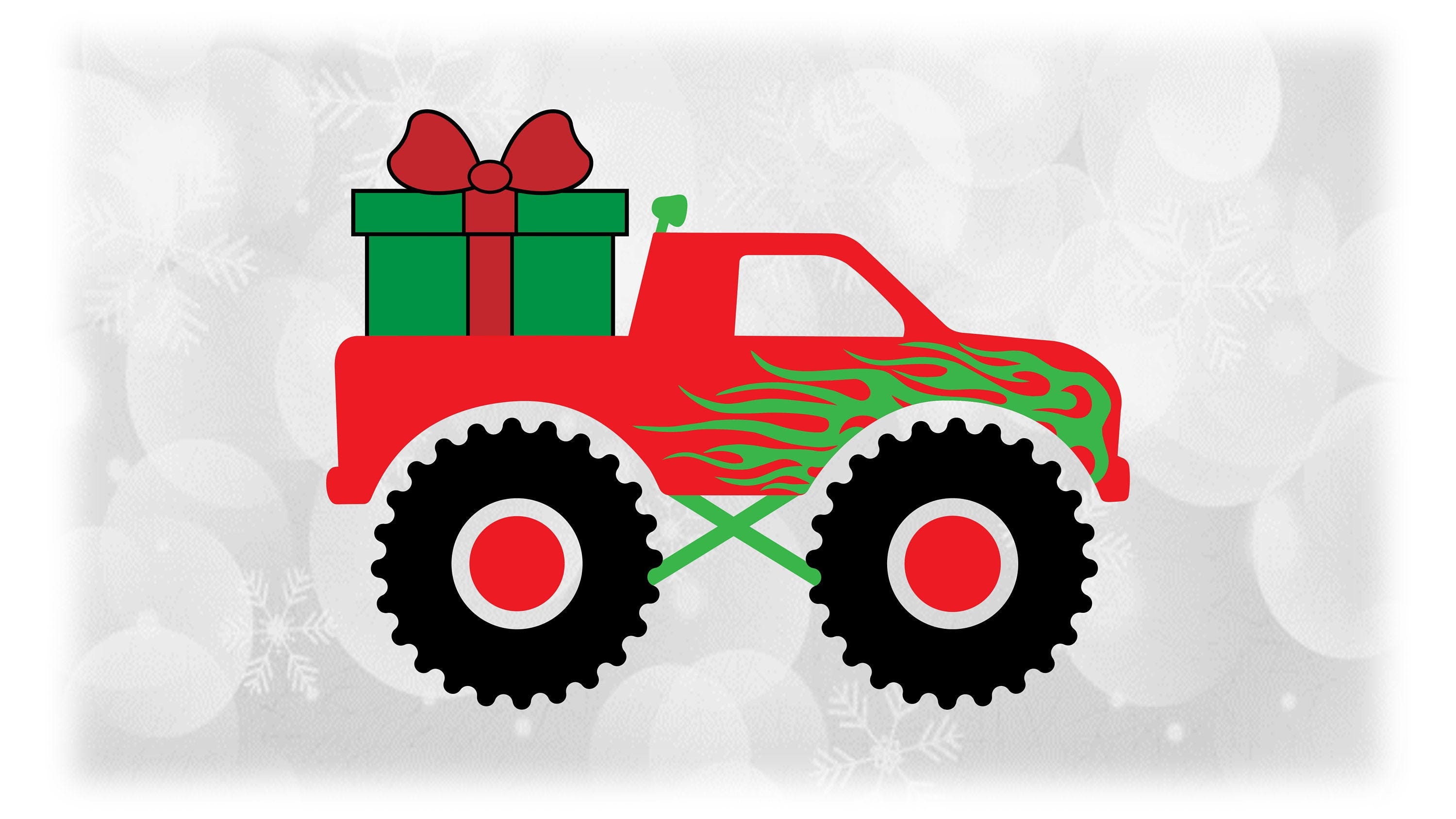 Car/Automotive Clipart: Red / Green / Black Christmas Theme Monster Truck with Gift Box or Present Box in Back - Digital Download SVG & PNG