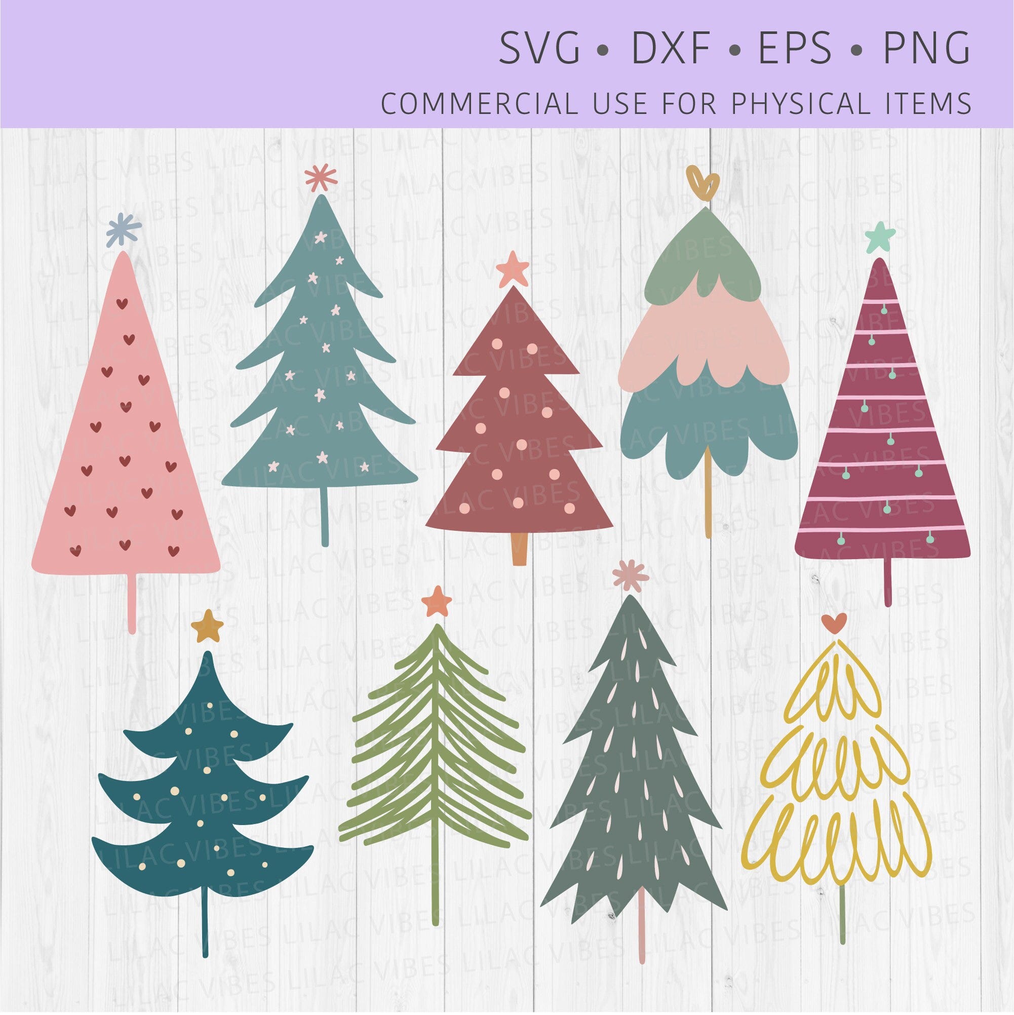 Boho Christmas Trees SVG Bundle, Merry Christmas Trees PNG Clipart, Christmas Tree SVG Cut Files for Cricut Silhouette, Dxf, Eps