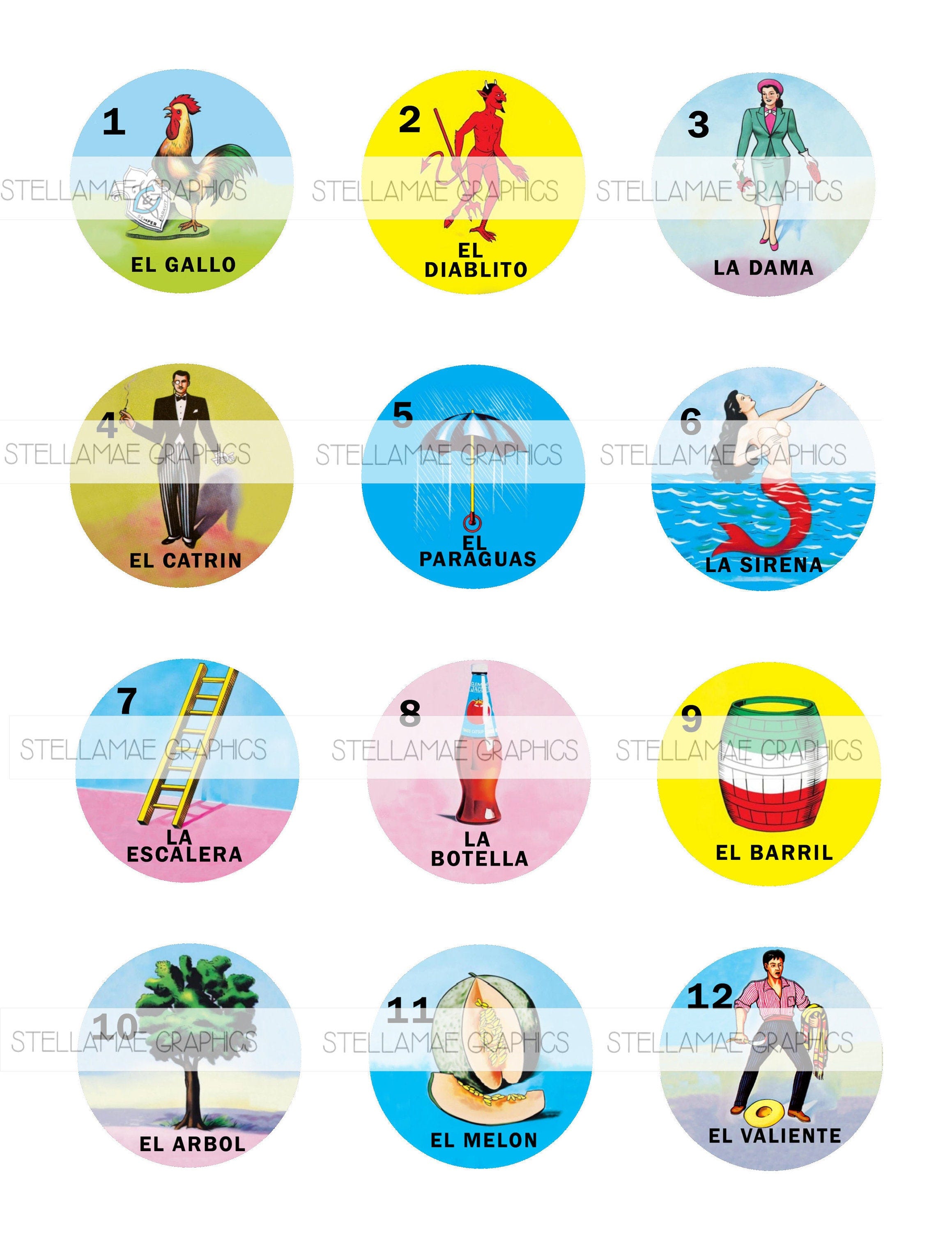 Mexican Loteria bundle (1-60) -  2inch circle images, bottlecap, cupcake topper - INSTANT DOWNLOAD