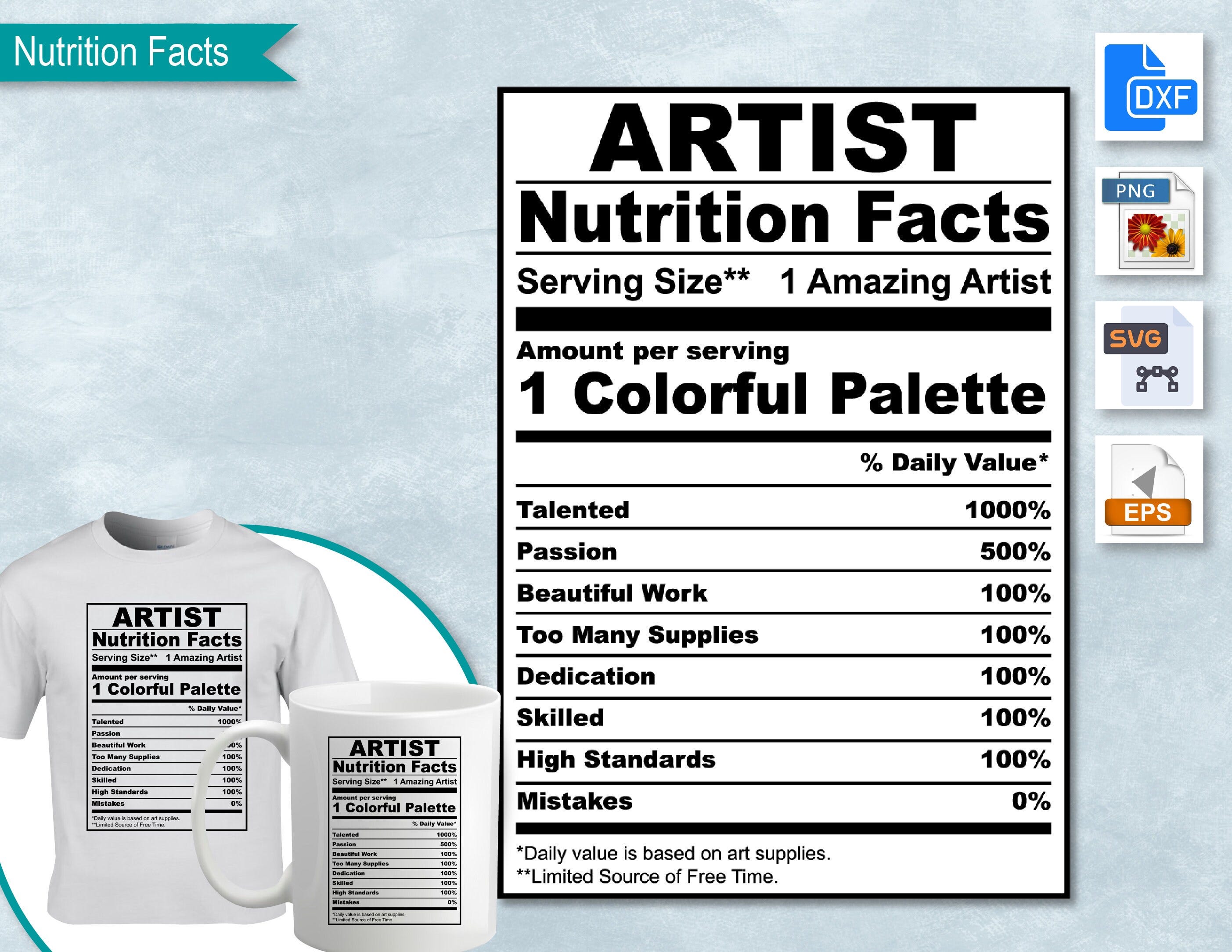 Artist Nutrition Facts, SVG Nutritional Fact Label Template, Printable, DIY, Eps, PNG, SvG, DxF, Cricut, Silhouette