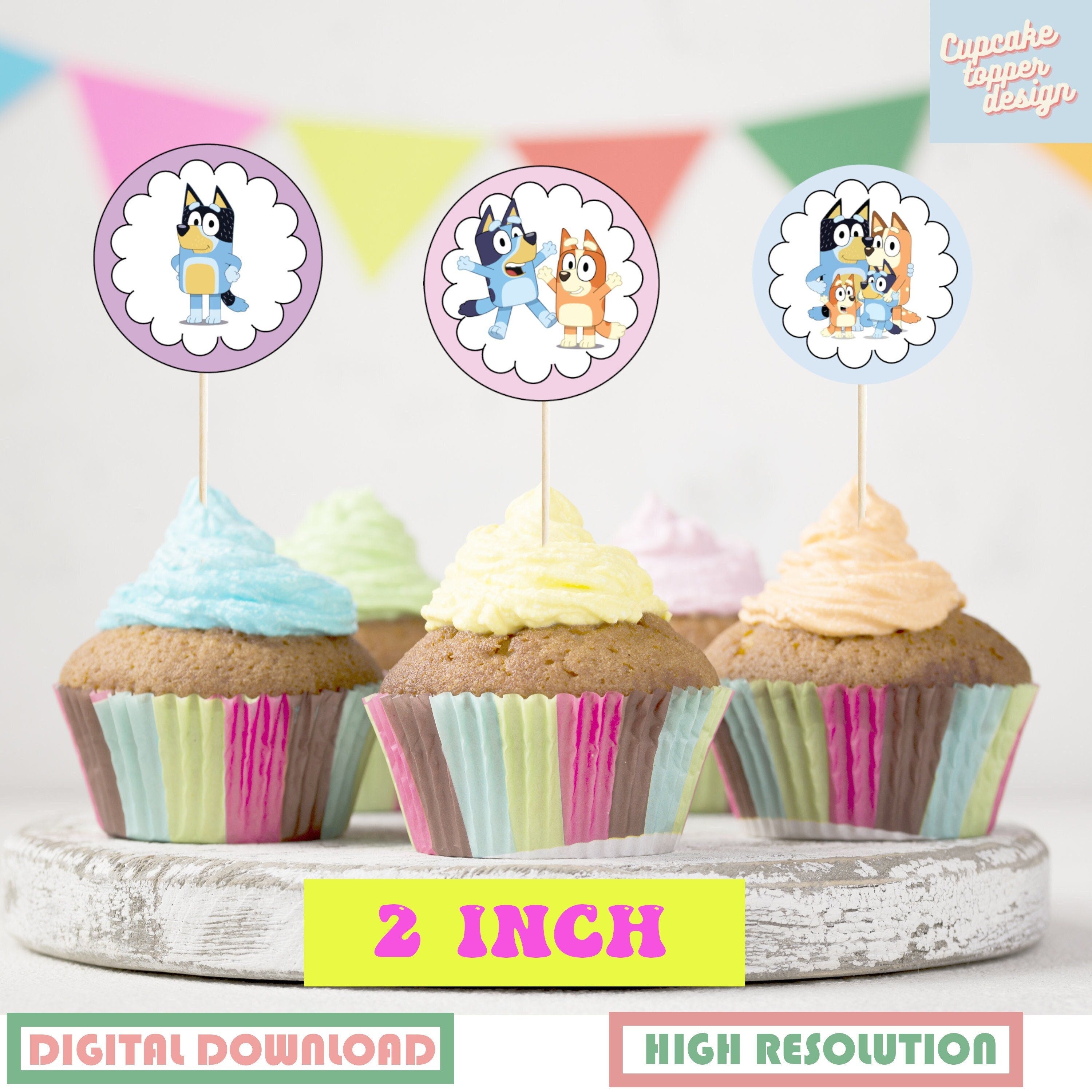 Bluey cupcake toppers for birthday party decor 2 inch circle printable png pdf files-
