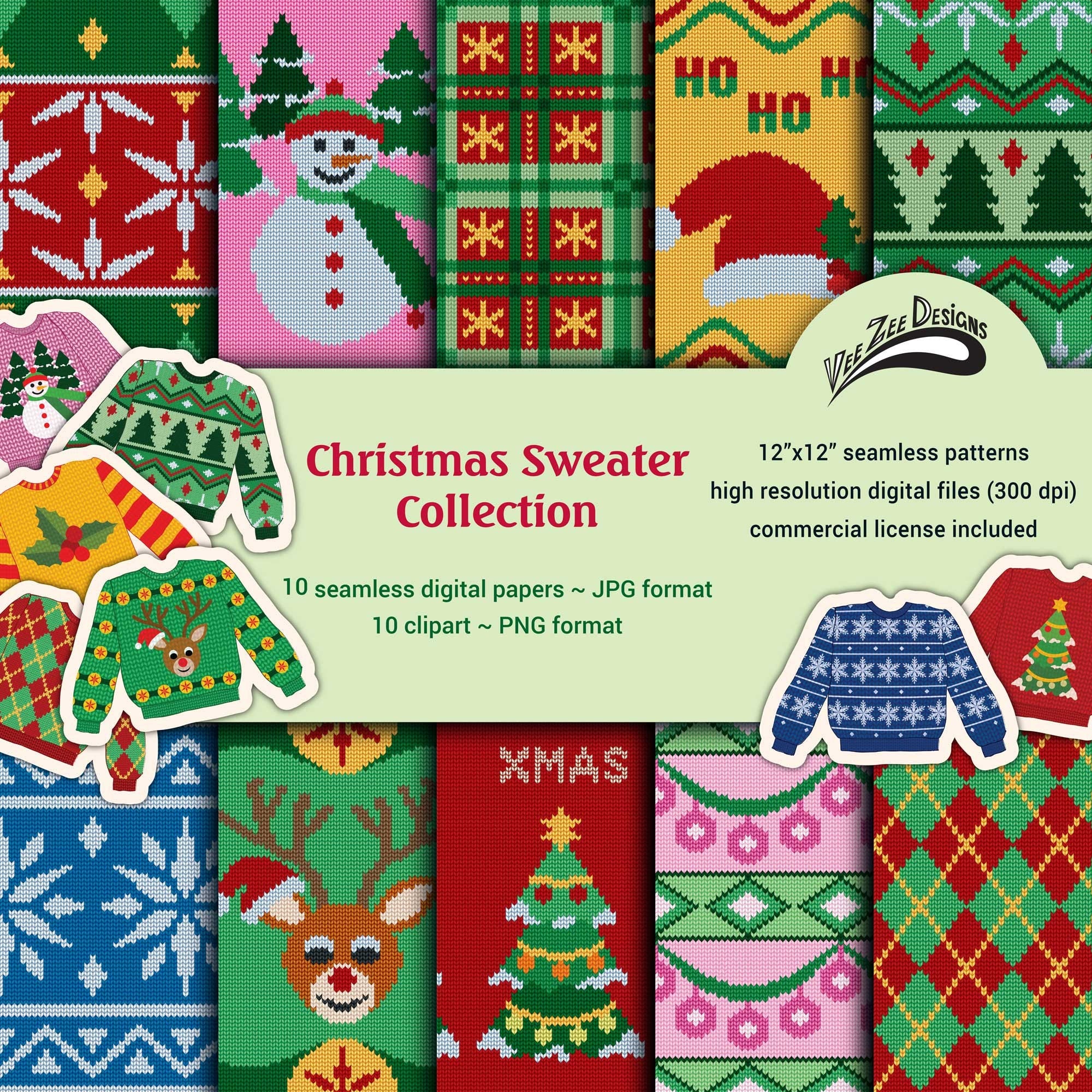 Christmas Sweater seamless digital paper ugly PNG clipart bundle pack Commercial use Sublimation pattern background Scrapbooking paper