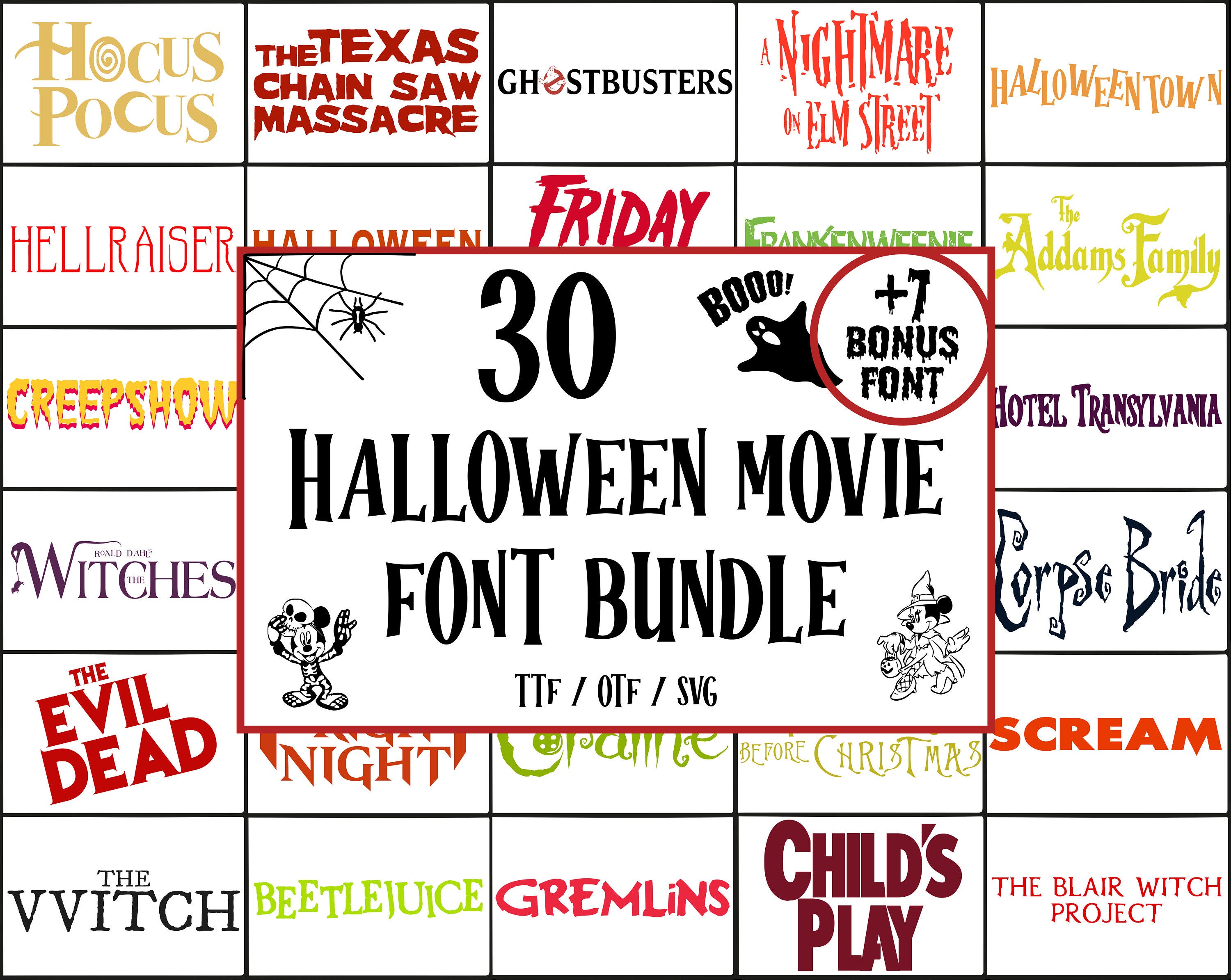 Halloween Horror Movies Font Bundle TTF, SVG, Disneyy Font, Cartoon Characters, Disneyy Movie, Cricut Printable Clipart Silhouette, OTF, svg