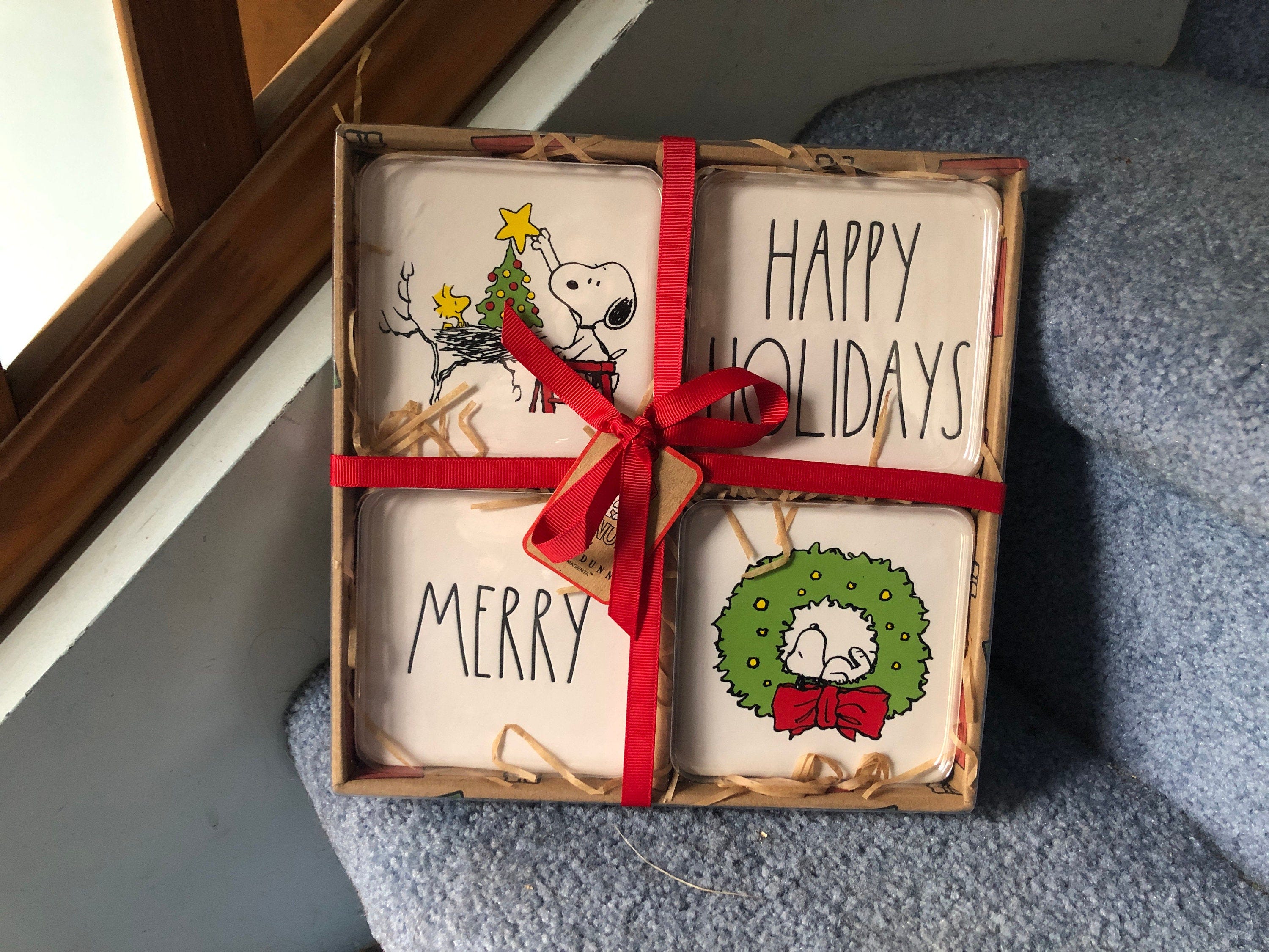 Rae Dunn New Peanuts Snoopy Woodstock Set of 4 Merry Christmas Happy Holidays Coaster Set No Damage Never Used