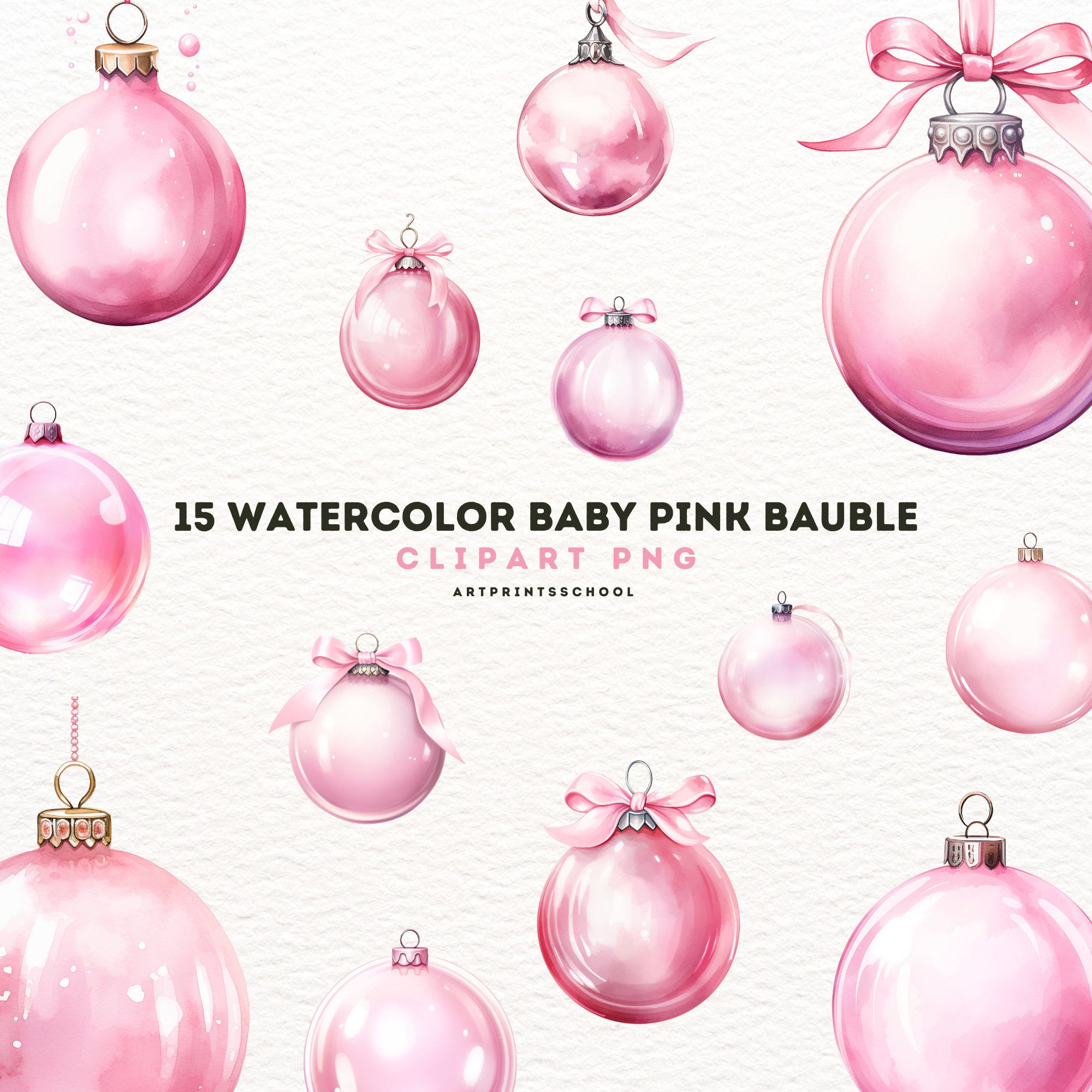 Baby Pink Christmas Bauble Clipart, 15 Watercolor High Quality PNG, Christmas Ornament, Christmas Clipart, Christmas Decoration Clipart