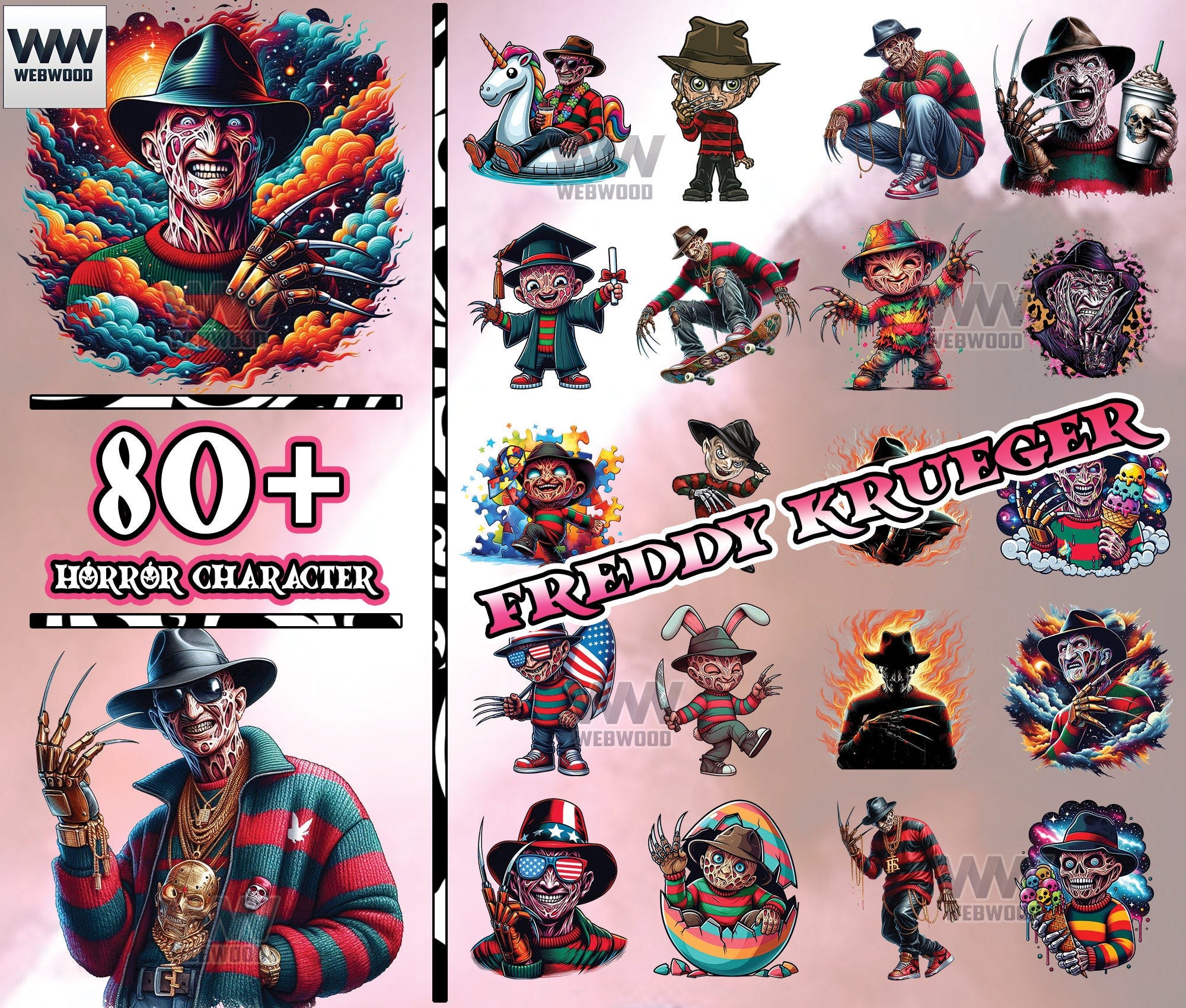 83 Designs Horror Character Clipart Png Bundle, Horror Png Bundle, Horror Shirt Template Png, Sublimation Design Digital Download