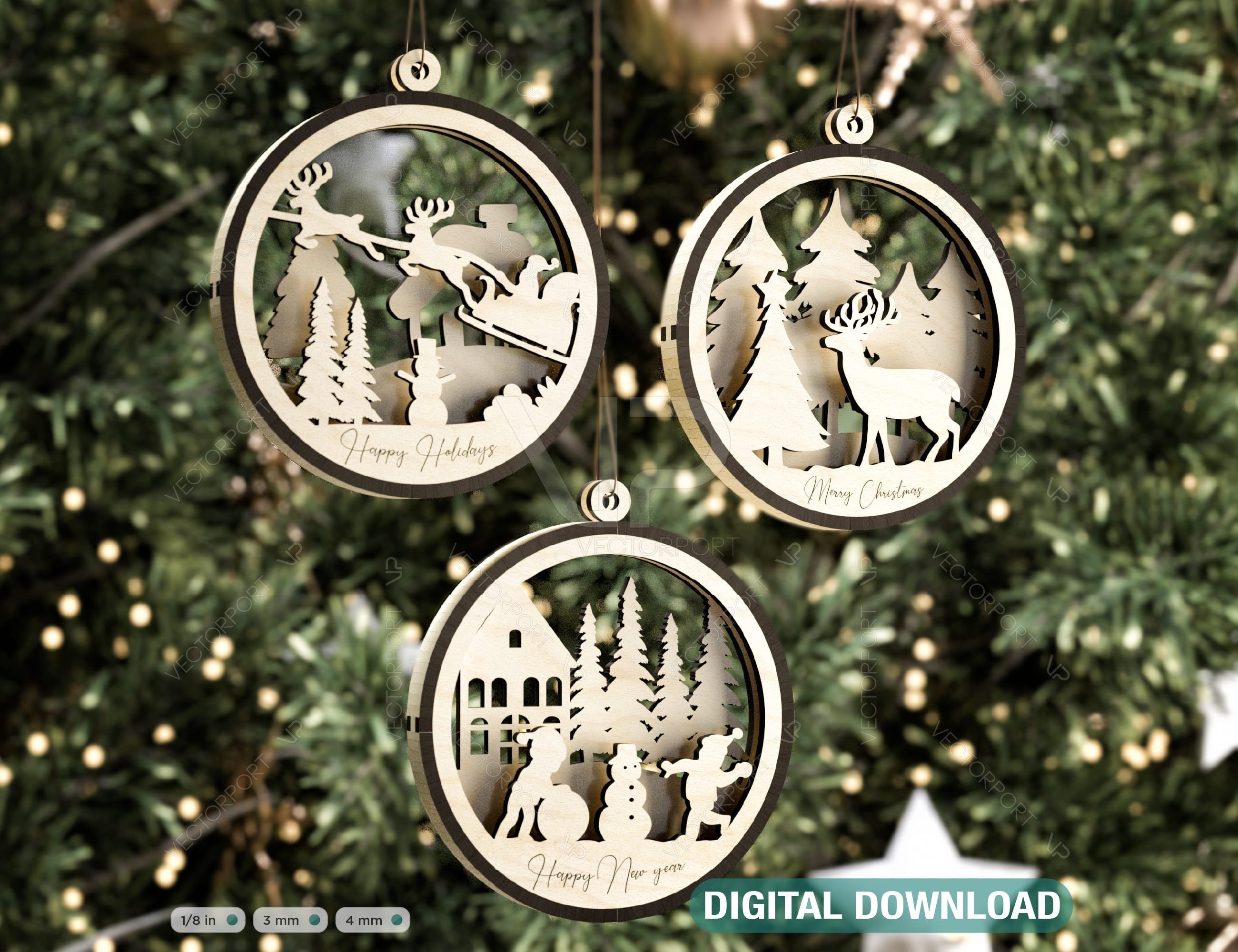 Christmas Balls Tree Decorations Craft Hanging Bauble Snowy Scene Deer carving stencil laser cut Digital Download |#269|