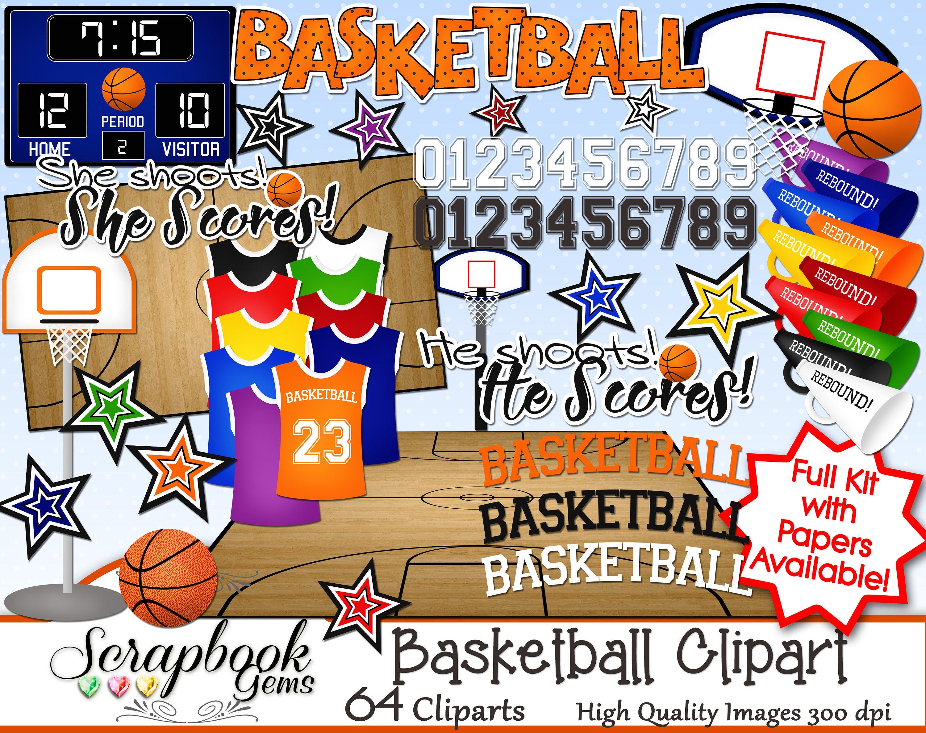 BASKETBALL Clipart, 64 png Clipart files Instant Download sports basket ball net scoreboard hoop court jersey numbers stars megaphone