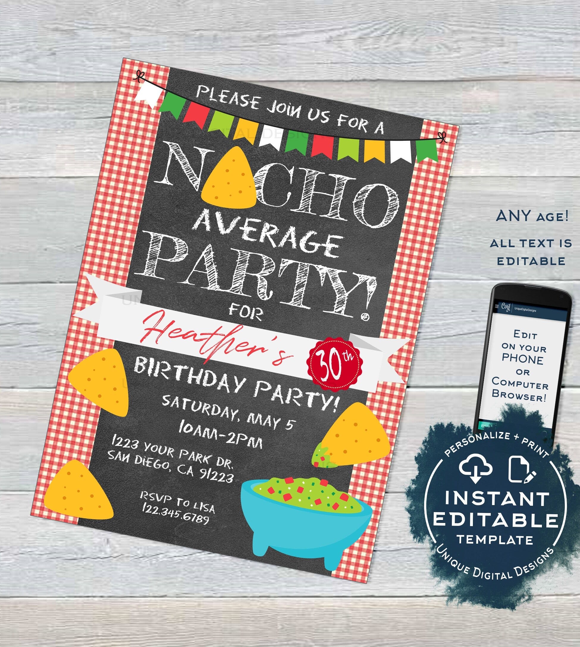 Nacho Average Party Invitation, Editable Cinco de Mayo Invite, Cinco de Mayo Guacamole Fiesta Chalkboard Printable Template INSTANT ACCESS