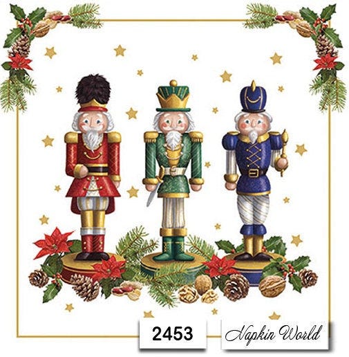 FREE SHIP - Two Paper Luncheon Decoupage Art Craft Napkins - (Design 2453) NUTCRACKERS Christmas Three Soldiers Decoration