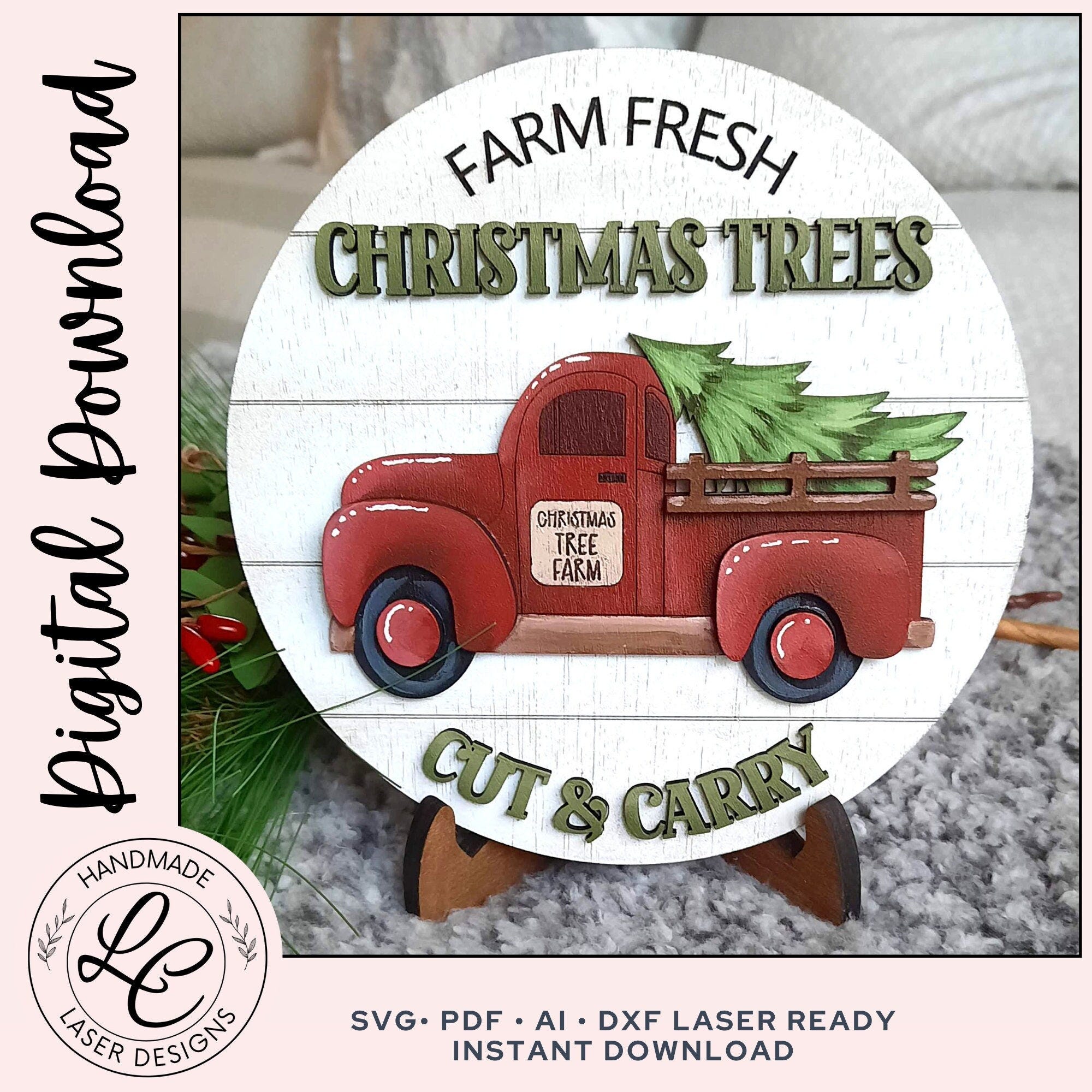 Christmas Vintage Truck Tiered Tray SVG File | Farmhouse Christmas Tree Truck Shelf Sitter SVG | Christmas Sign  | Glowforge Laser Cut File