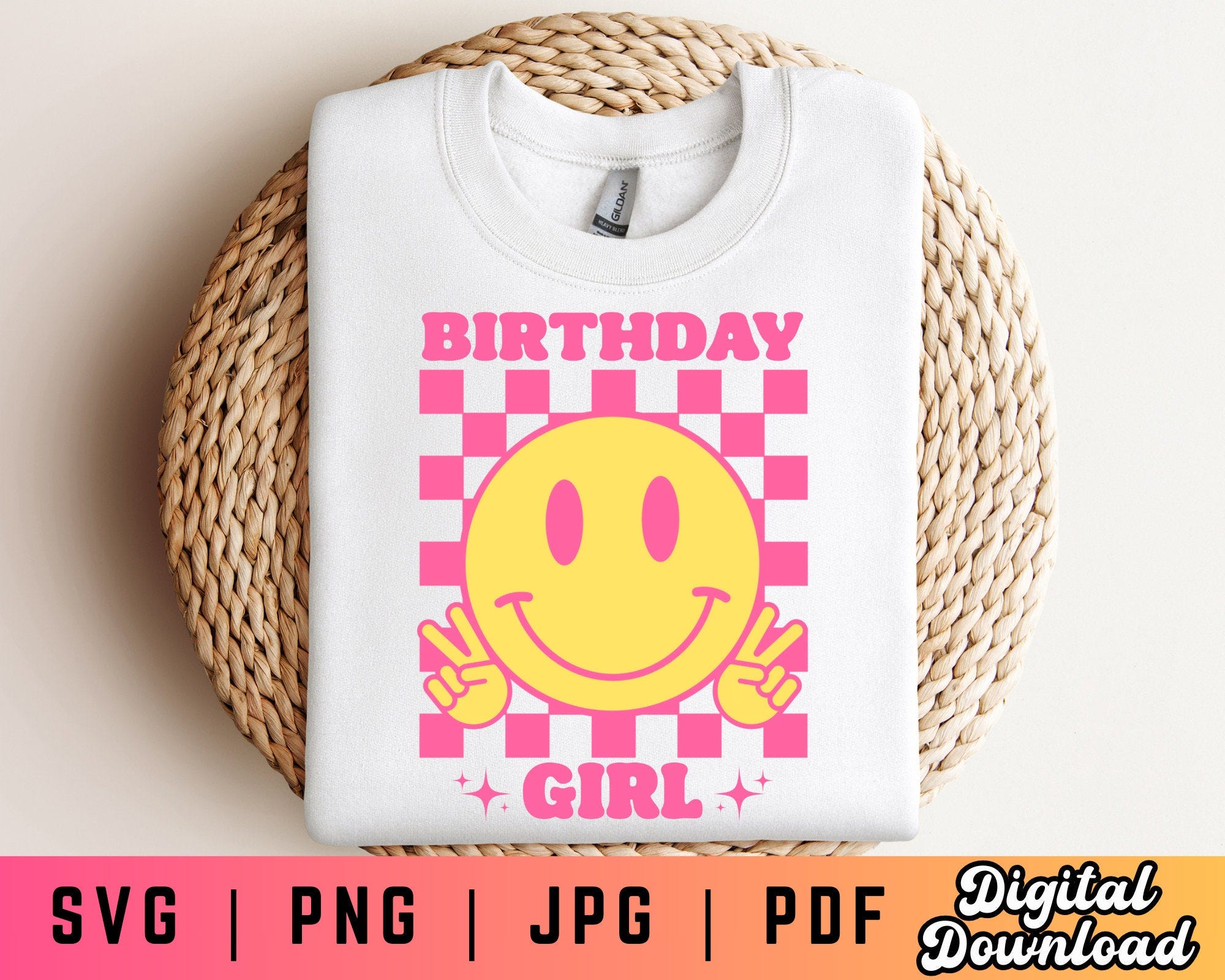 Girls Birthday SVG PNG, Birthday Svg Png, Checkered Svg Png, Lightning Bolt Svg, Happy Face Svg, Digital Craft Files For Cricut/Silhouette