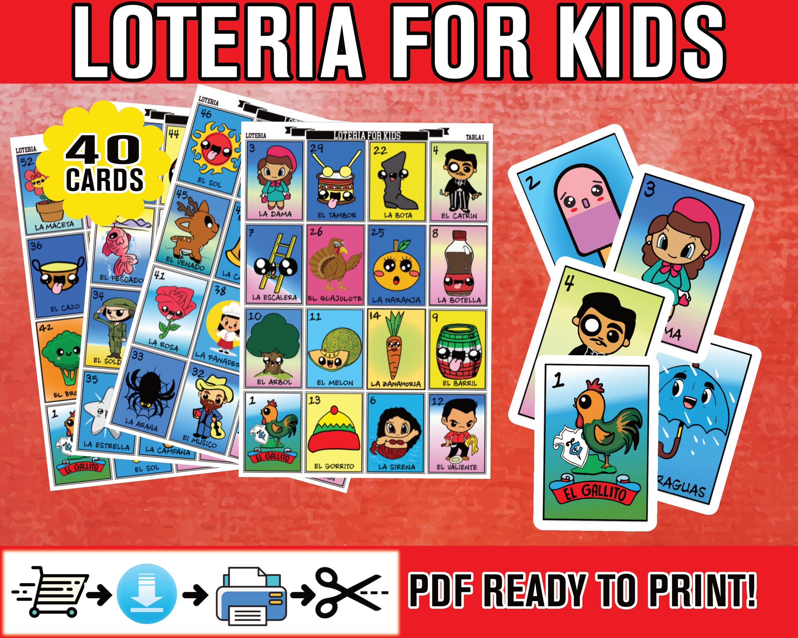 Kid Friendly Loteria Game for Party and School - BIG loteria cards PDF easy to print and cut at home Mexican Loteria for Kids for 40 players