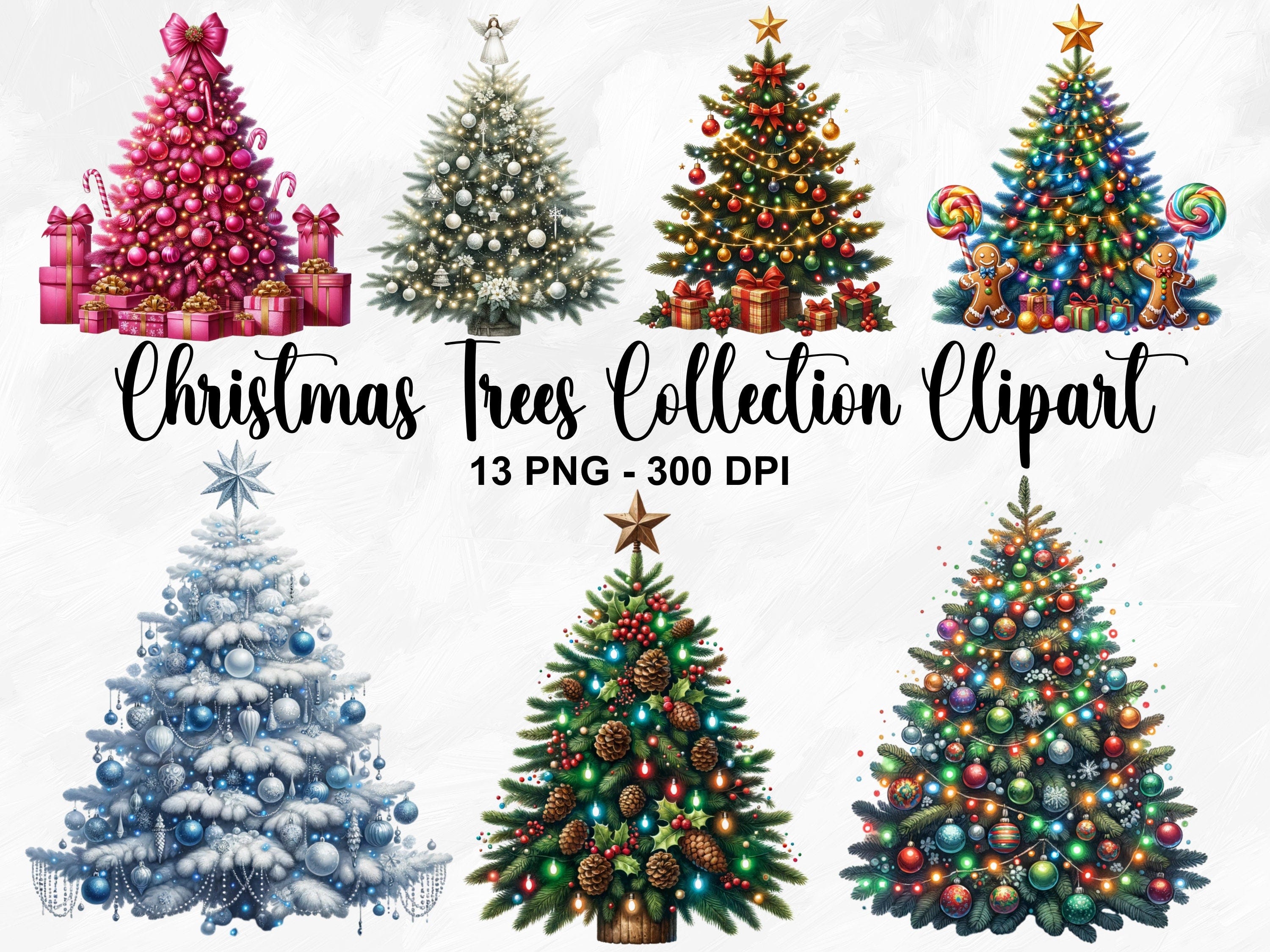 Watercolor Christmas Trees Collection Clipart, 13 PNG Christmas Tree Clipart, Christmas Illustrations, Festive Images, Commercial Use