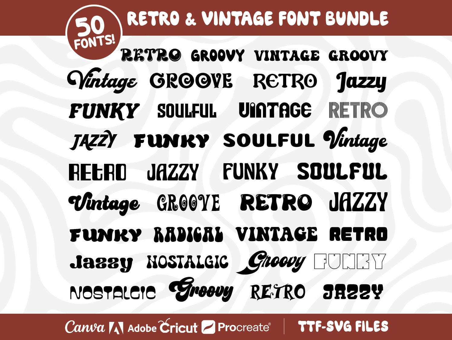 50 RETRO & VINTAGE FONTS, Premium Quality Fonts, Retro Font, Groovy Font, Vintage Font Bundle, Font Bundle, Cricut Font,70