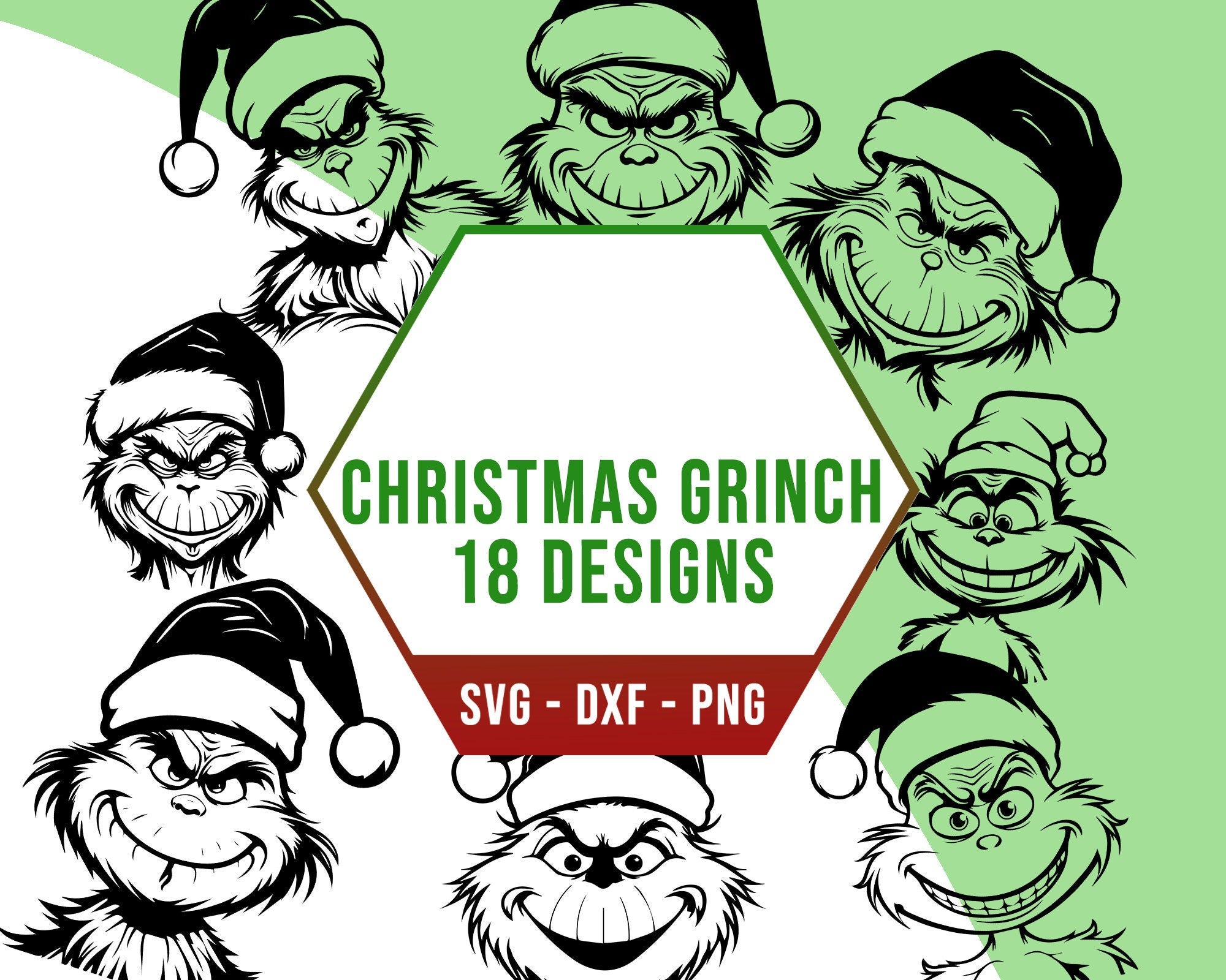 Christmas Grinch SVG Bundle, Festive Grinch Face SVG Pack, Cricut Silhouette PNG Files for Laser Cutter