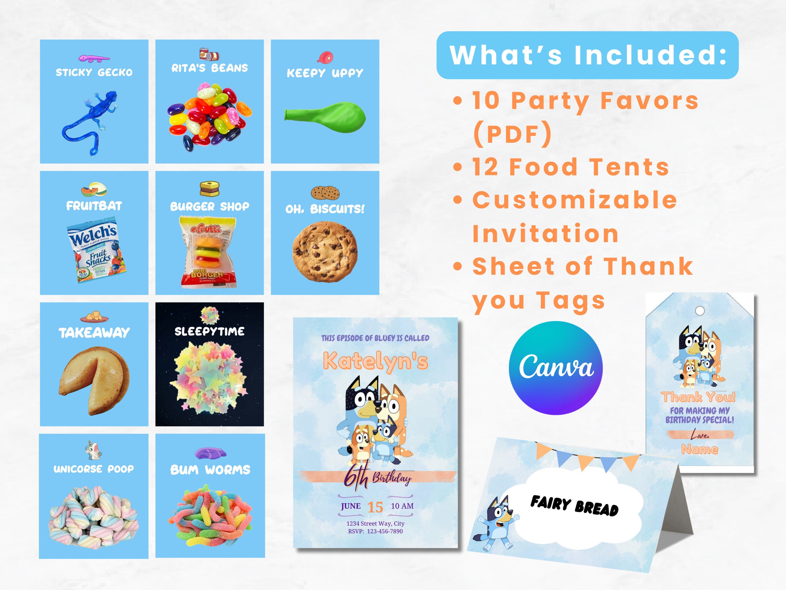 Bluey BIRTHDAY PARTY BUNDLE | Bluey Invitation | Food Tents | Name Tents | Thank You tags | Party Favors | Customizable | Canva | Bingo