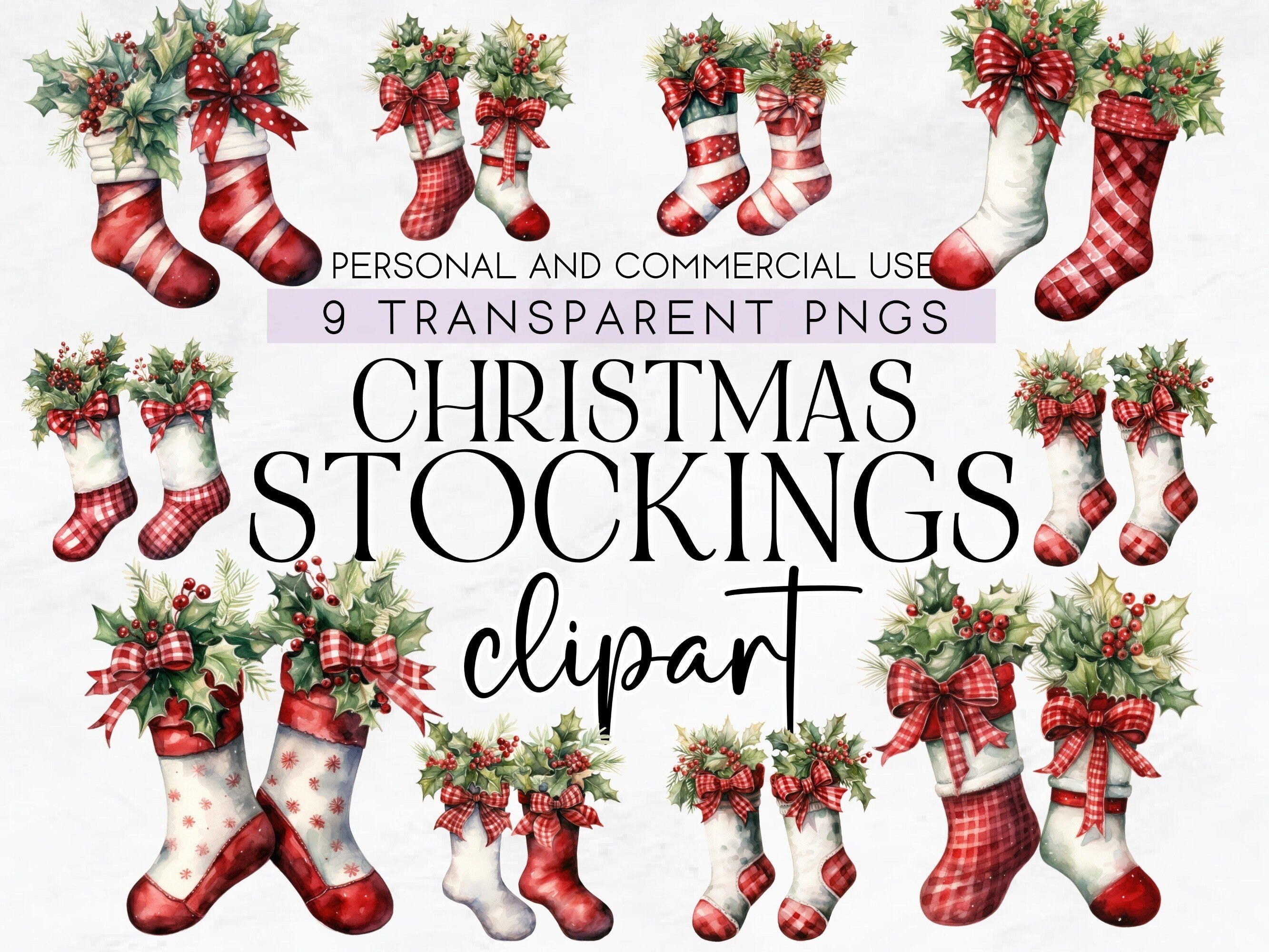 9 Christmas Stockings Clipart, Commercial Use Clipart, Transparent PNG, Christmas Clipart, Cozy Christmas Clipart, Christmas Decoration PNG