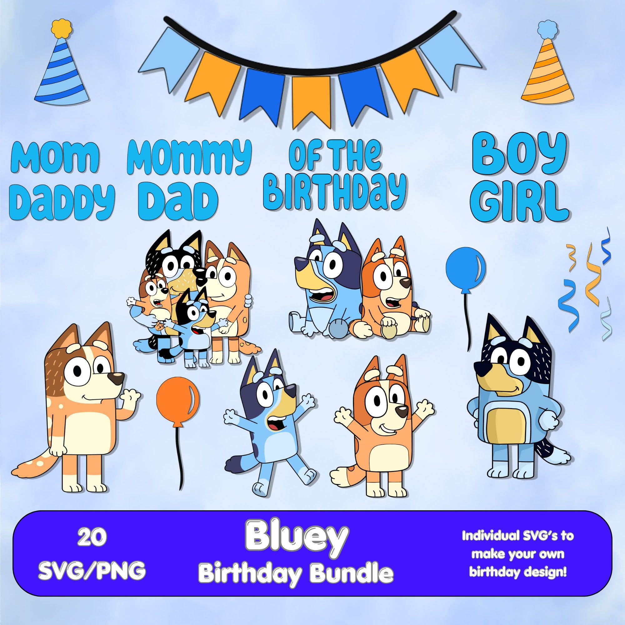 Blue Dog Birthday Mom/Dad PNG SVG Cricut Clipart