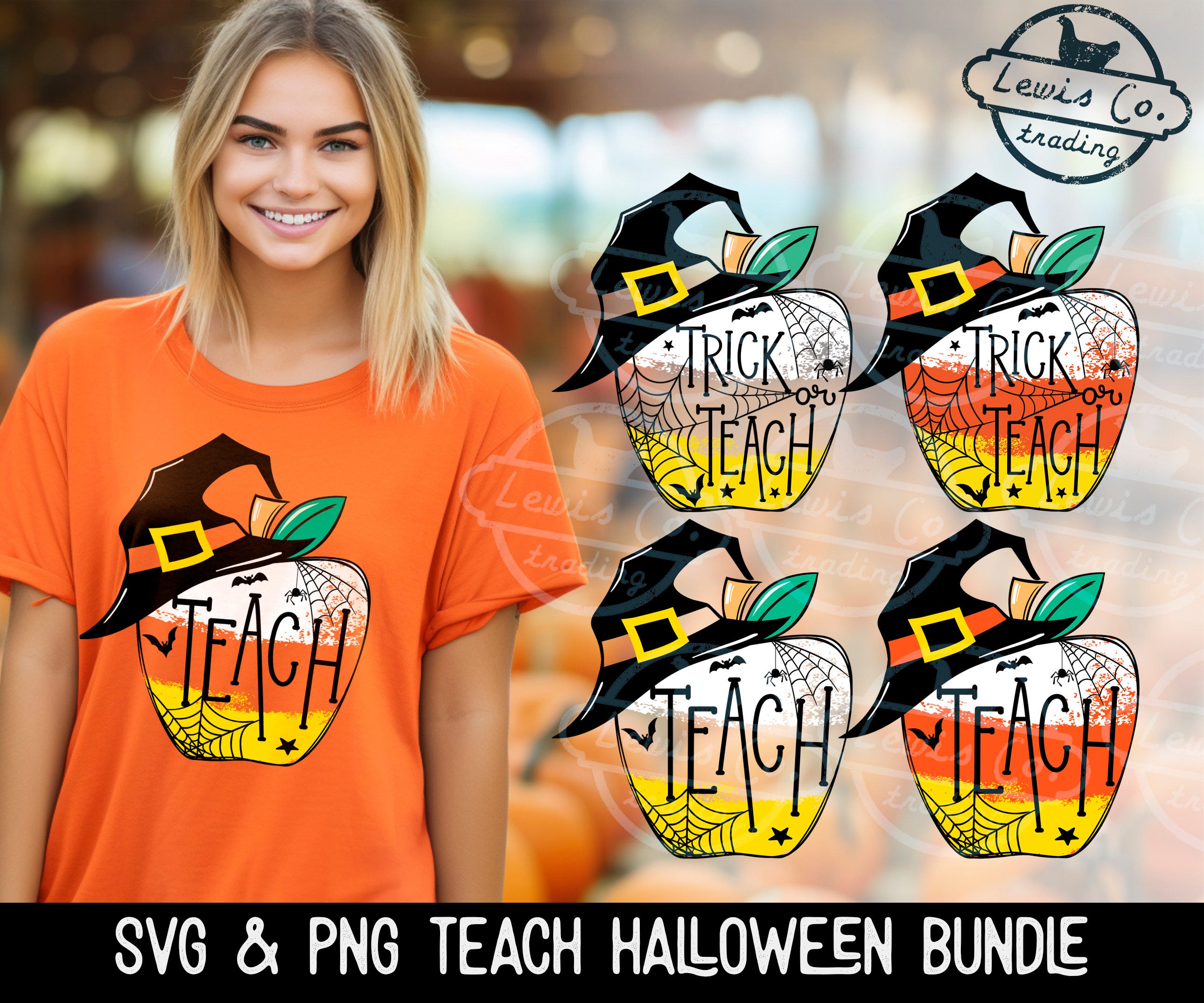 Teacher Halloween SVG & PNG Bundle | Trick or Teach Digital Download | Candy Corn Apple T-shirt Design | Classroom Printable