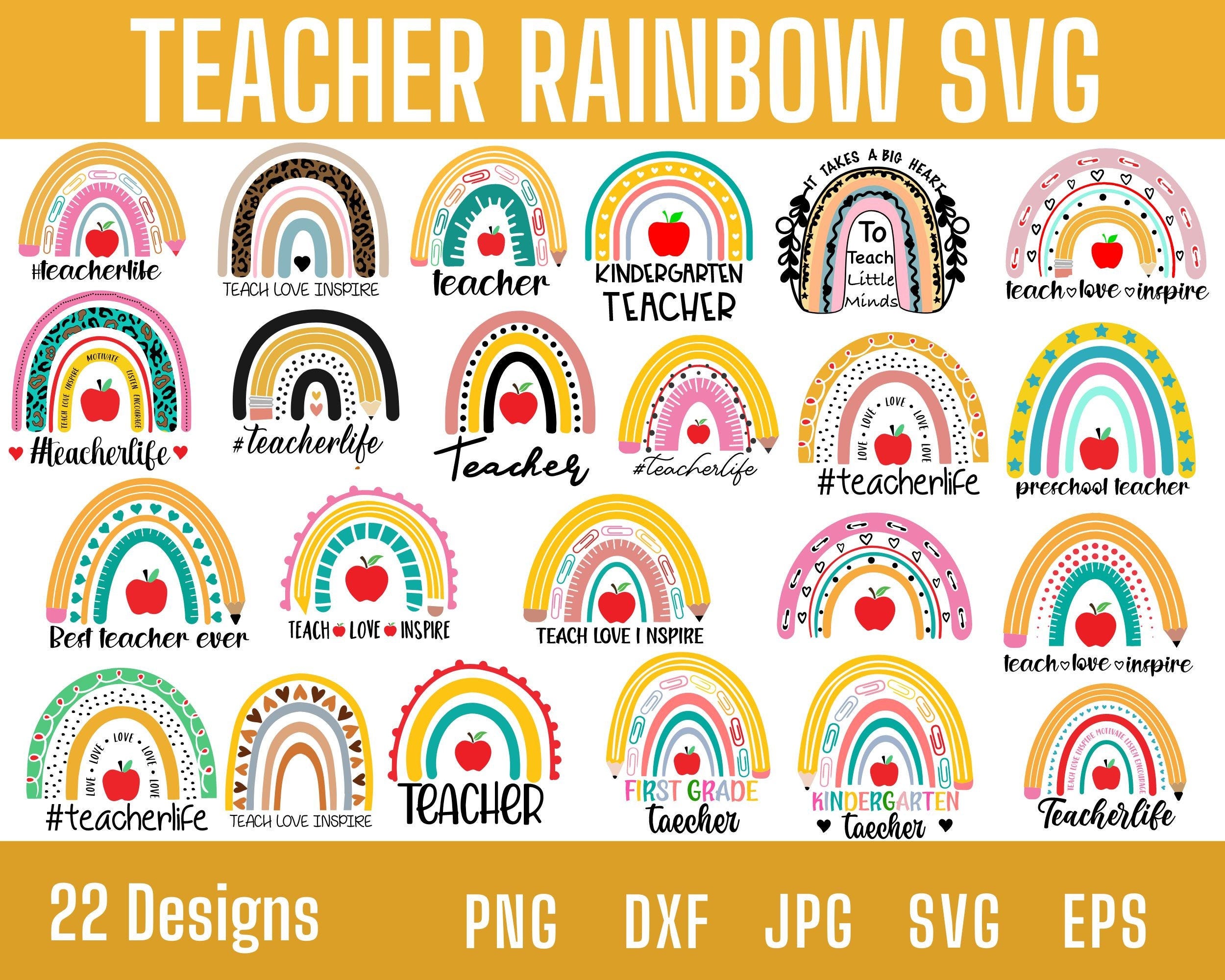 Teacher Rainbow svg bundle, teacher rainbow png SVG, Teacher Life svg, Boho Rainbow Svg, Kindergarten Teacher Svg Cutfiles for cricut