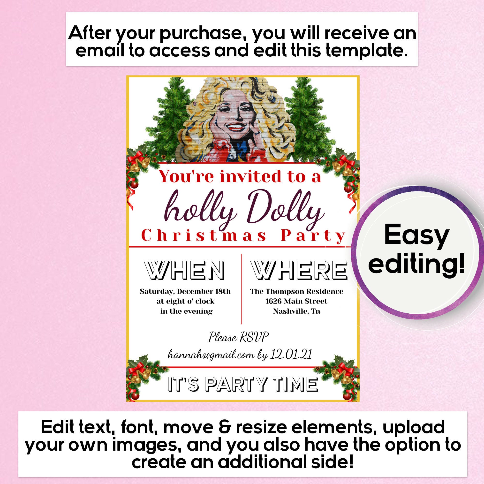Holly Dolly Christmas Party Invitation Template - for Christmas parties, brunches, dinners, gift exchanges, or any other fun holiday event