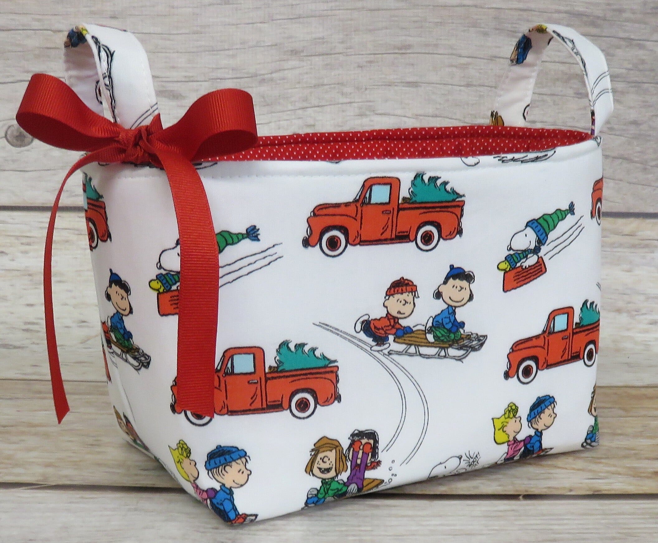 Fabric Storage Organizer Container Bin Basket -  Christmas Peanuts Charlie Brown Snoopy and Friends Red Trucks on White