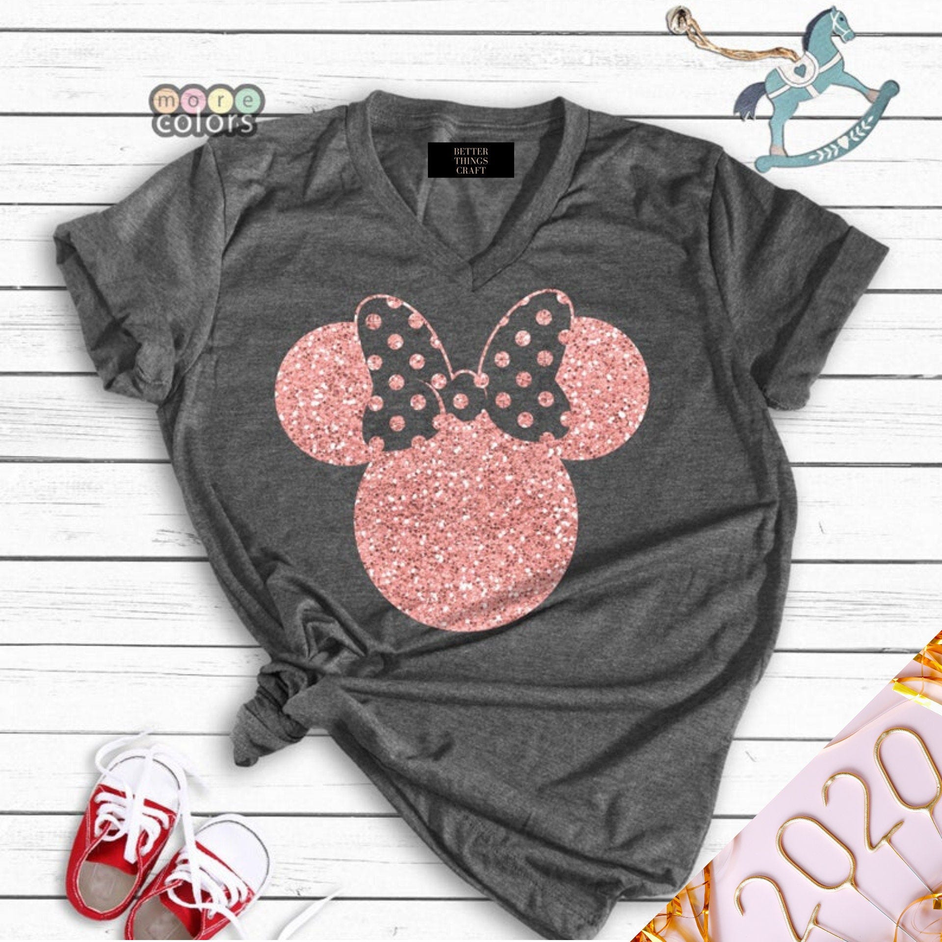 Disney Shirts, Disney Ear Shirt, Glitter Rose Gold Minnie Shirt, Women