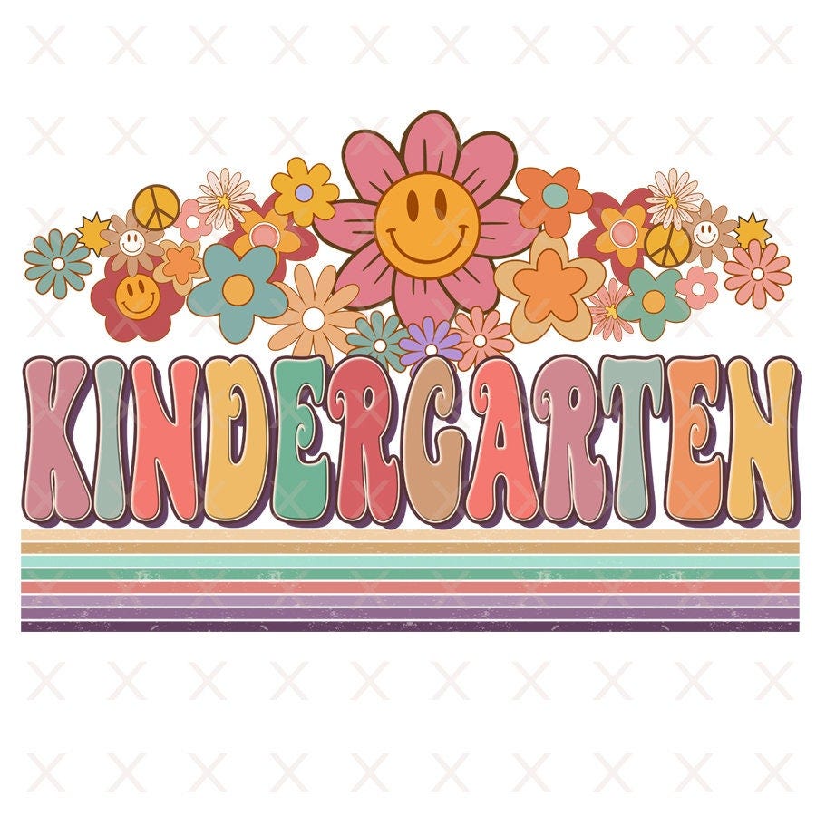 Groovy kindergarten png, kindergarten teacher sublimation designs downloads, hippie floral Back to School, Squad First day of School Crew