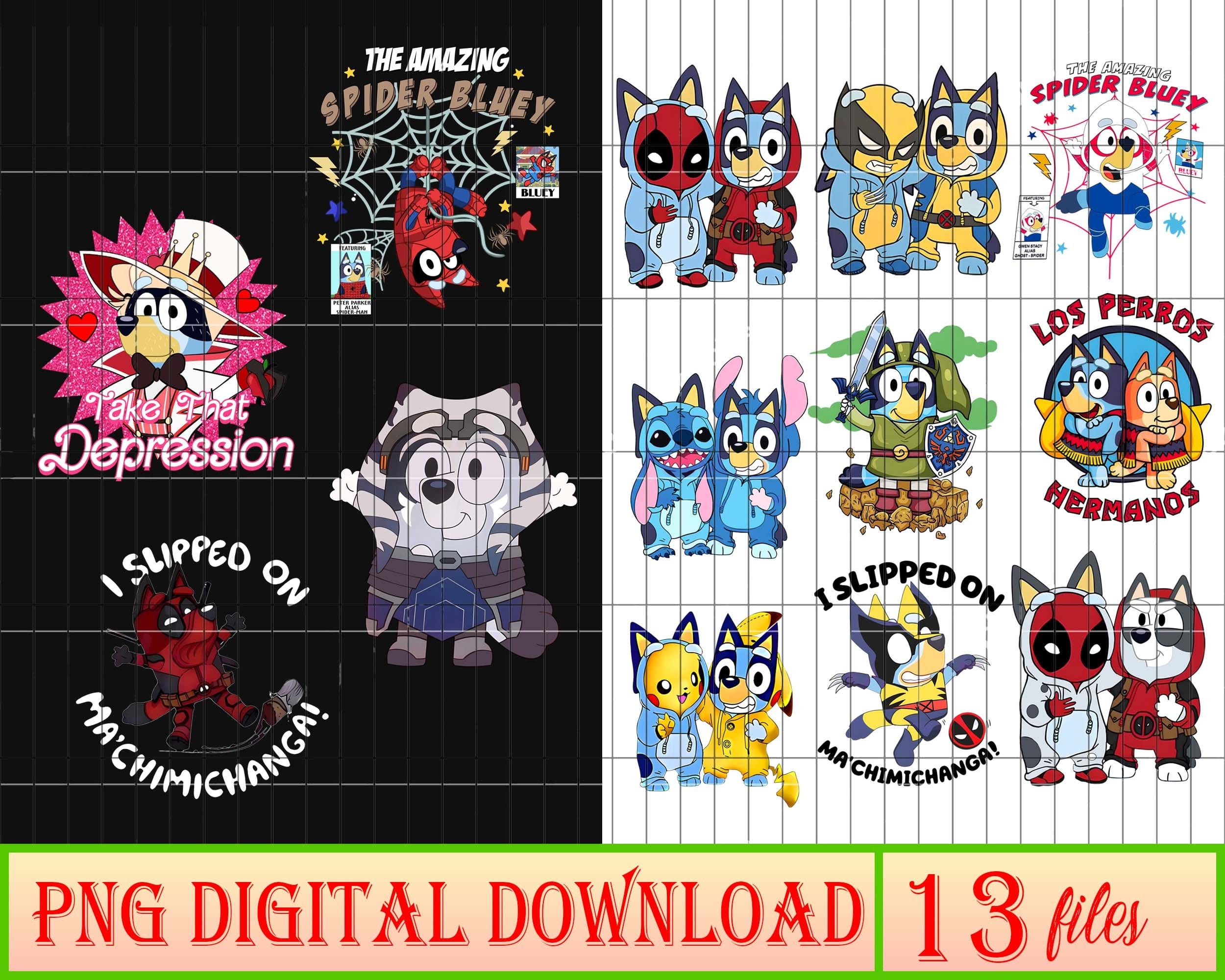 Bluey Cosplay Bundle Png, Stitch Bluey Png, Bluey Deadpool, Bluey Spiderman, Bluey Mom, Bluey Dad, Grandma Bluey, Bluey Birthday Png