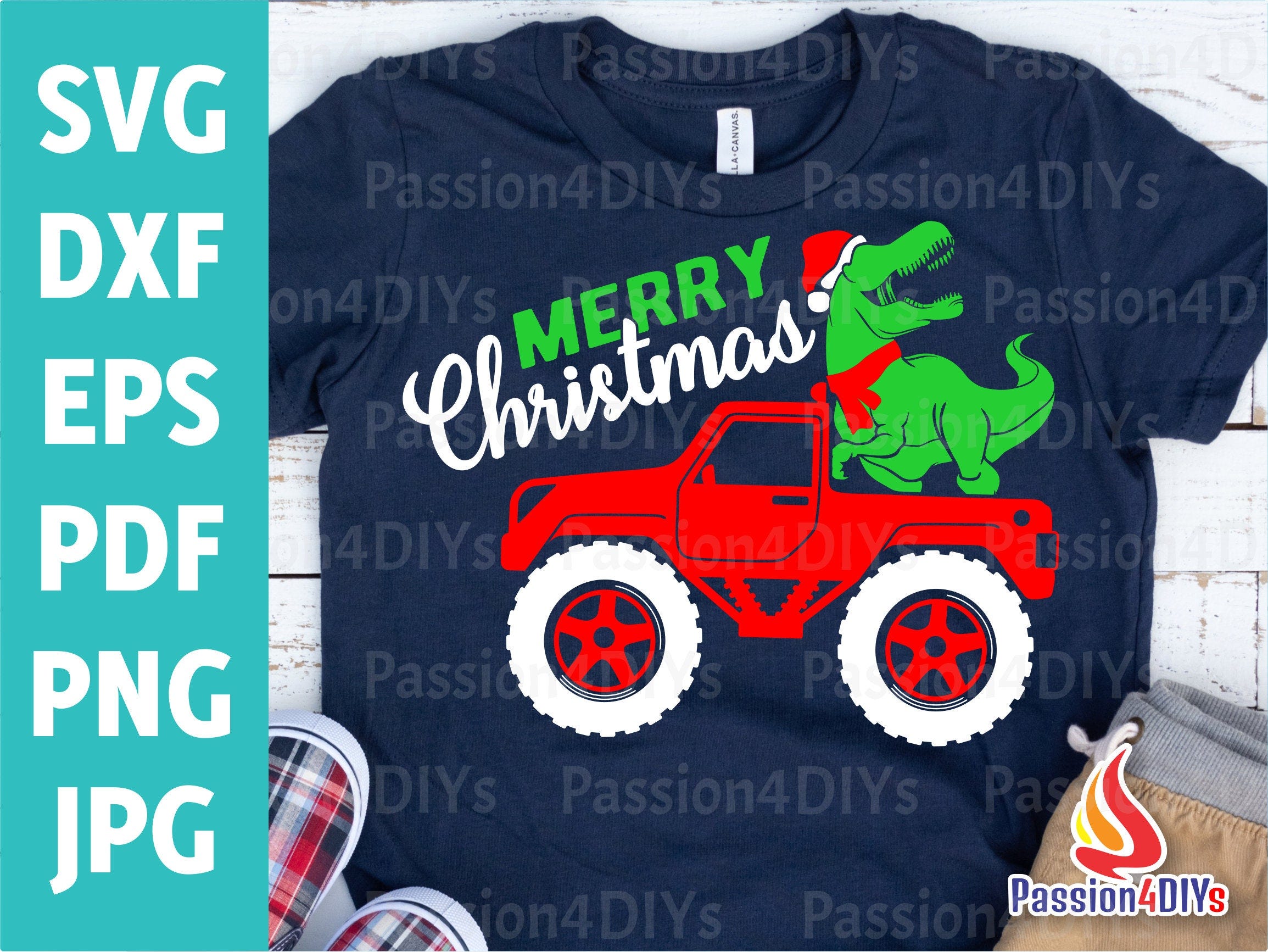 Monster Truck Svg, Christmas Dinosaur Truck Svg, Merry Christmas Svg, Dinosaur Christmas Shirt Design, Holiday Clipart, Cricut - Silhouette