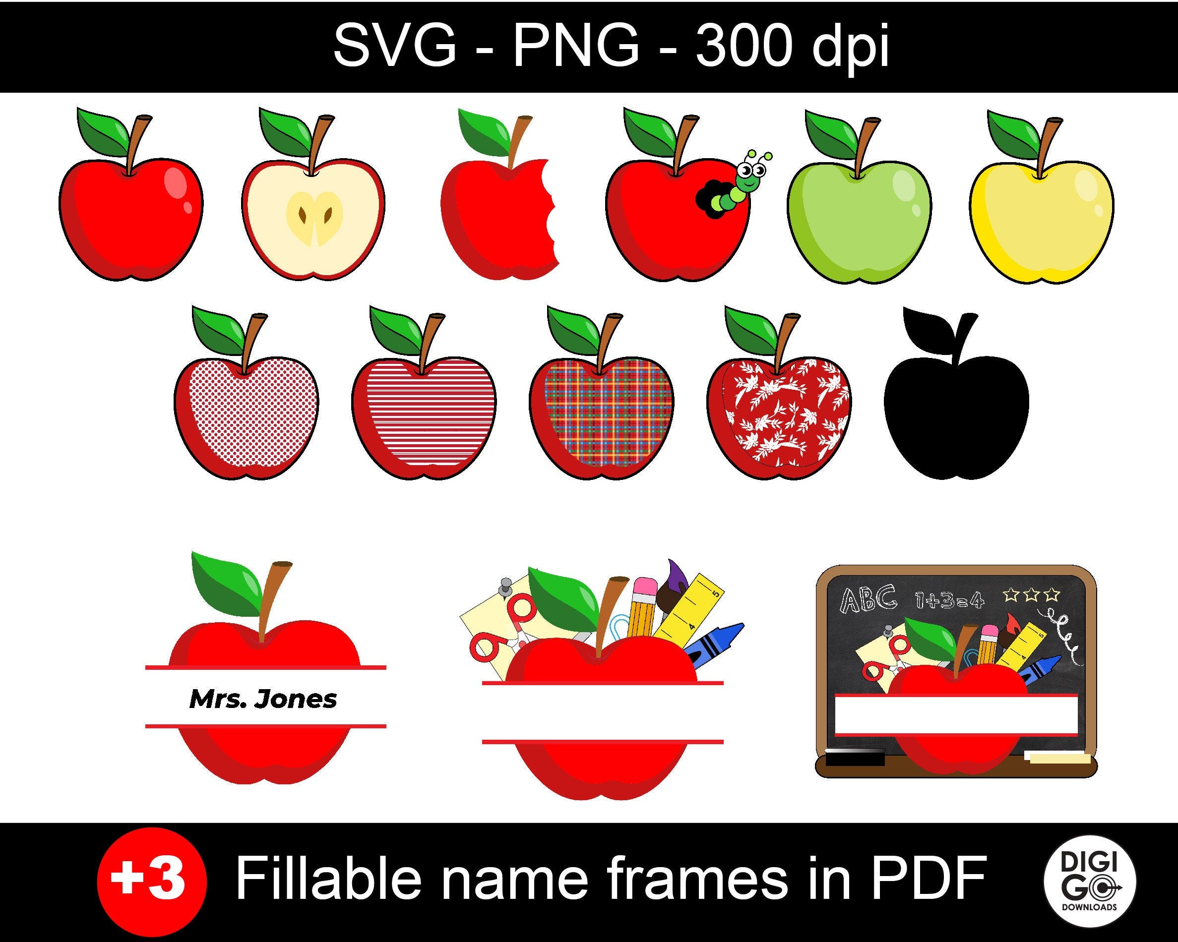 Apple svg / apple clipart / school svg / fillable apple / teacher svg / apple bundle / apple core svg / apple school svg / apple name frame