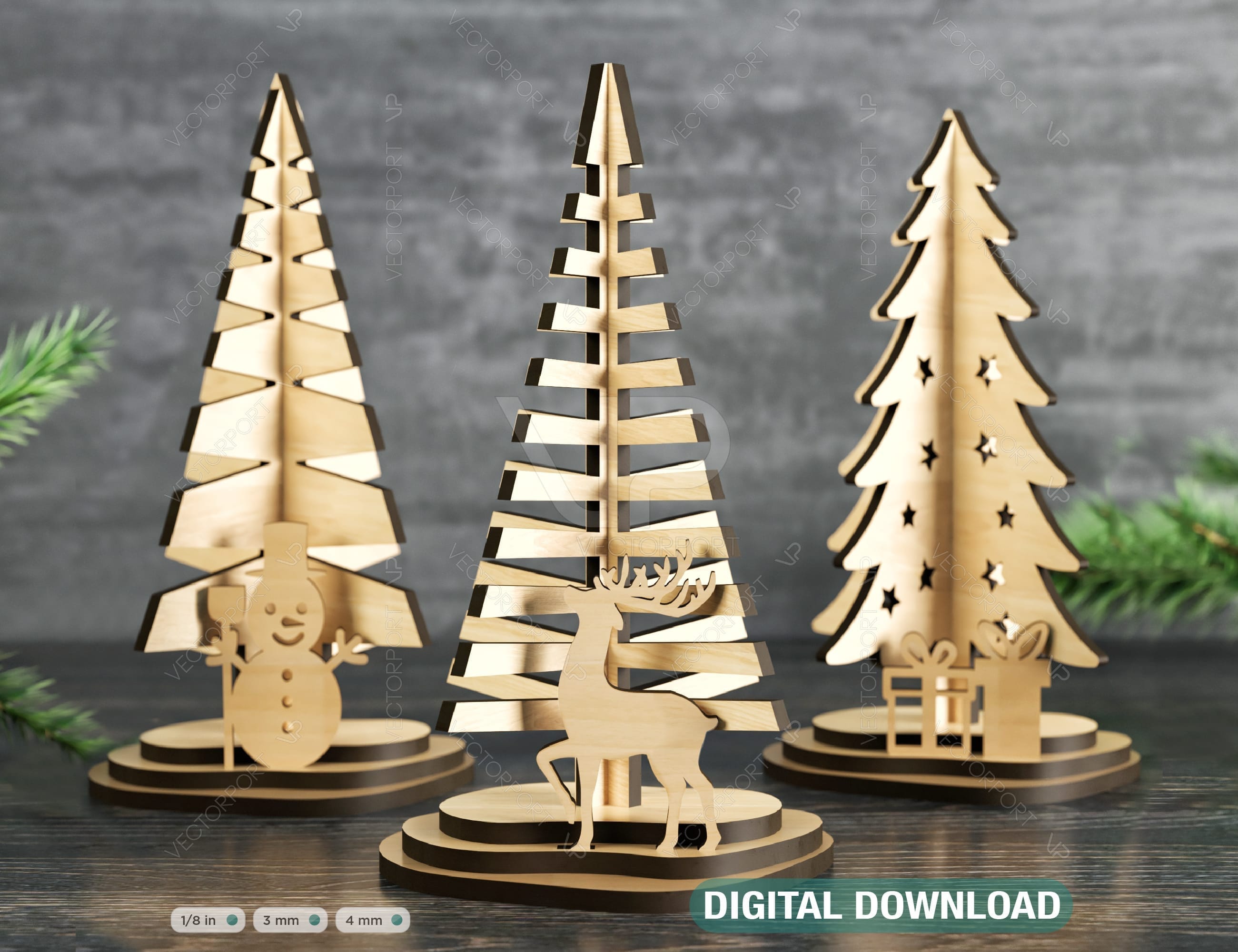 Standing Christmas Trees with Deer Gifts and Snowman Laser cut files Digital Download | SVG |#254|