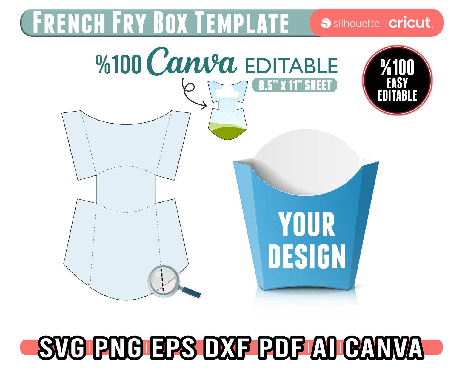 French Fry Box Template Svg, French Fry Packaging Template, Snack Box Template, Svg For Cricut, Printable, Instant Download