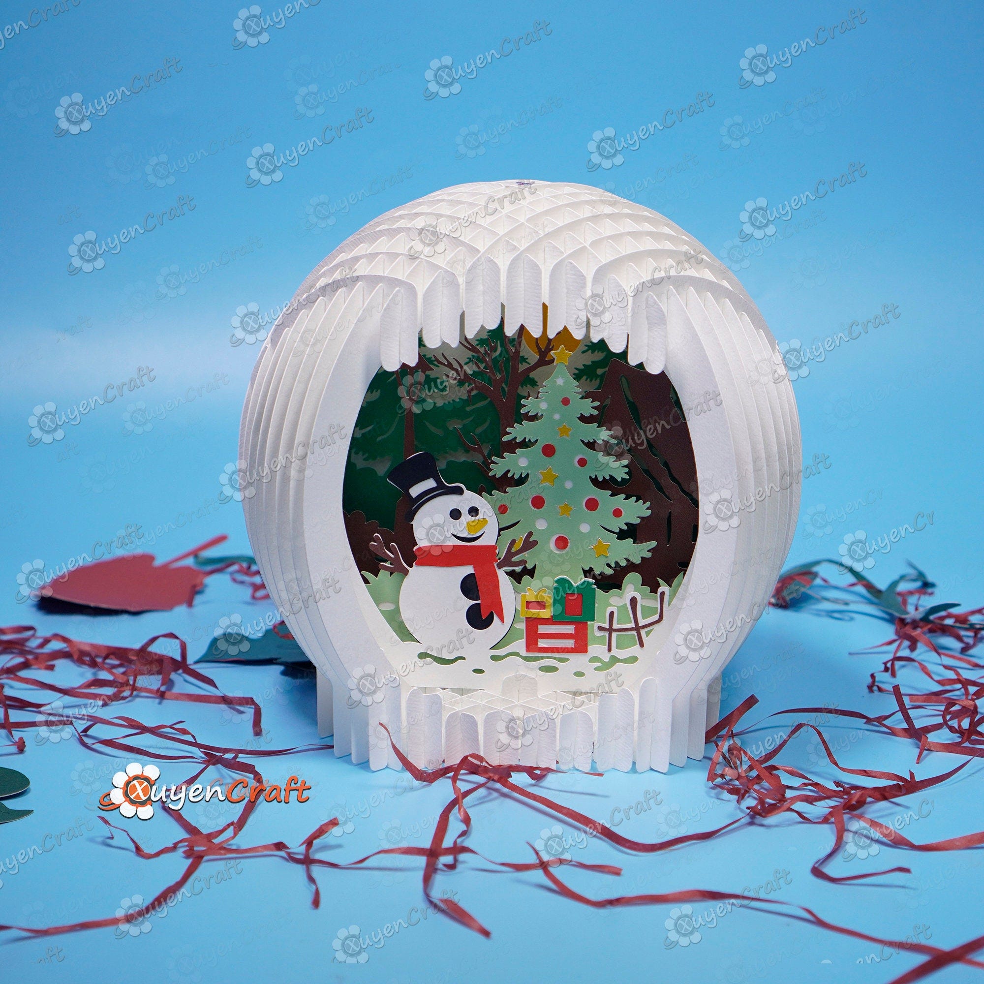 Color version: Snow globe pop up | SVG, Studio template creating paper night light for christmas, Sphere snowman paper cut light box
