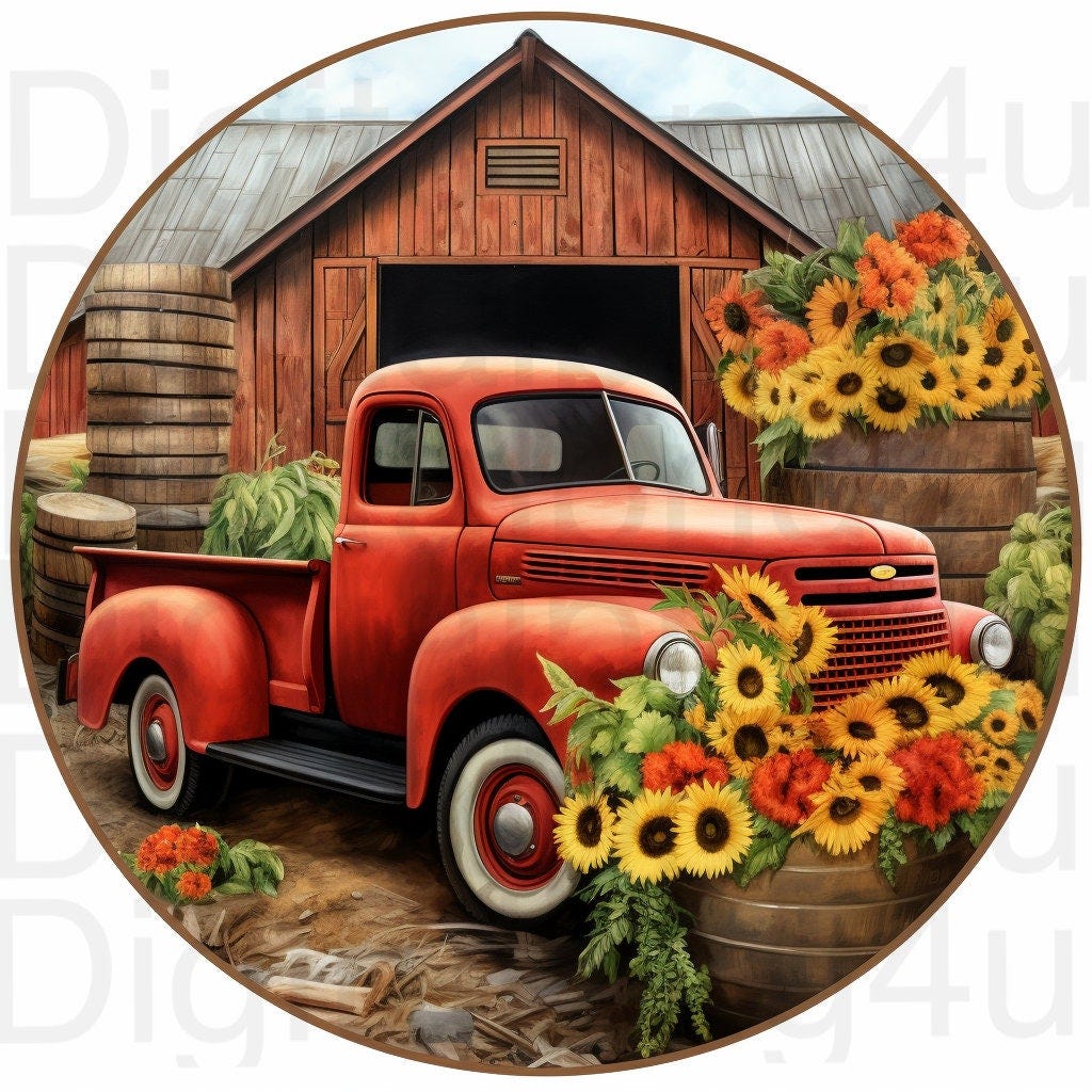 Red truck barn farm country farmhouse fall sunflowers round png sublimation digital design download wreath sign wind spinner cutting board