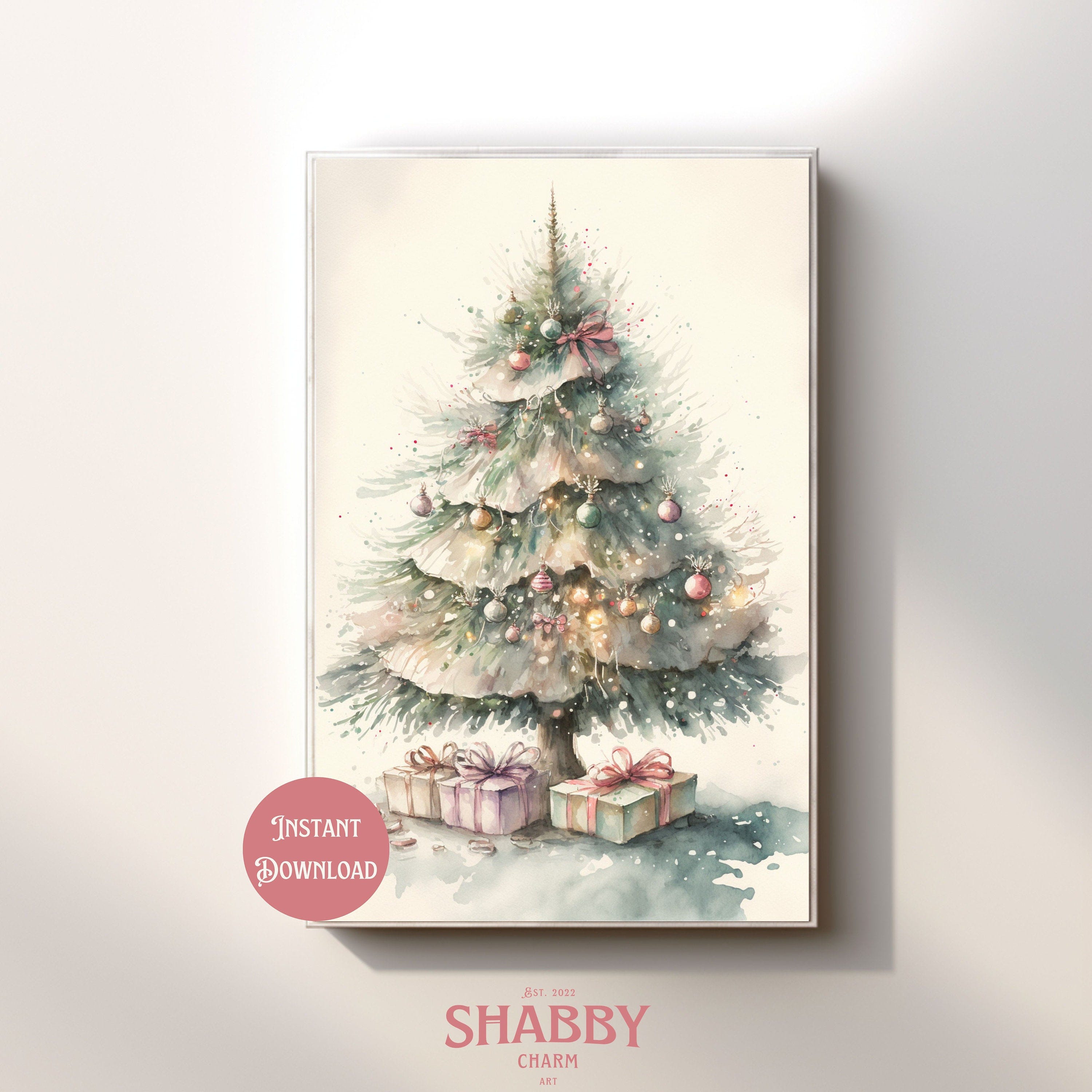 Vintage Watercolor Christmas Tree Wall Art - Digital Download - Instant Festive Elegance - 10x15 PDF and JPG Files