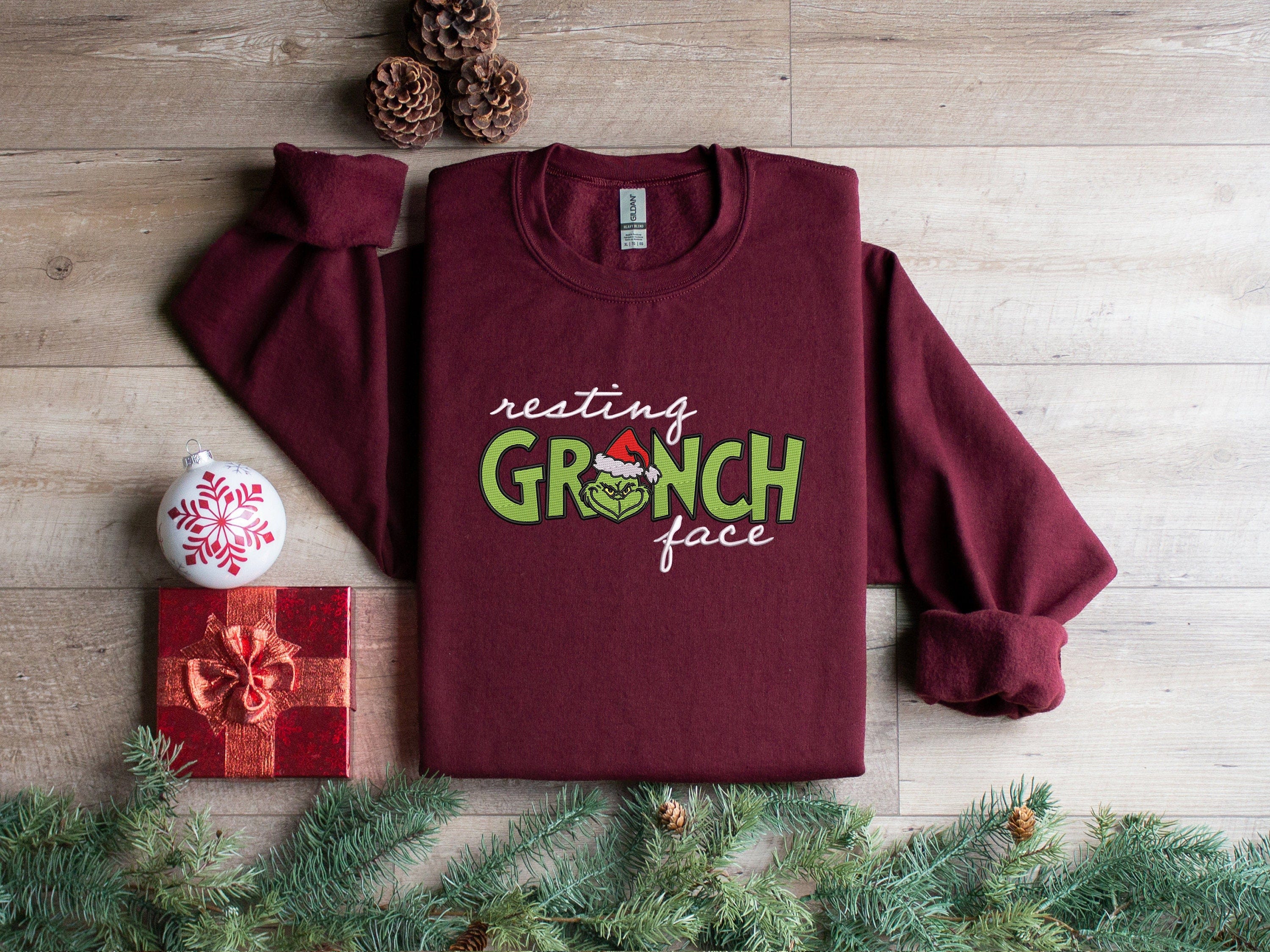 New Resting Grinch Face Embroidered Crewneck Cotton Long-sleeved Sweatshirt, Unisex, Holiday Christmas Party Sweater, The Grinch