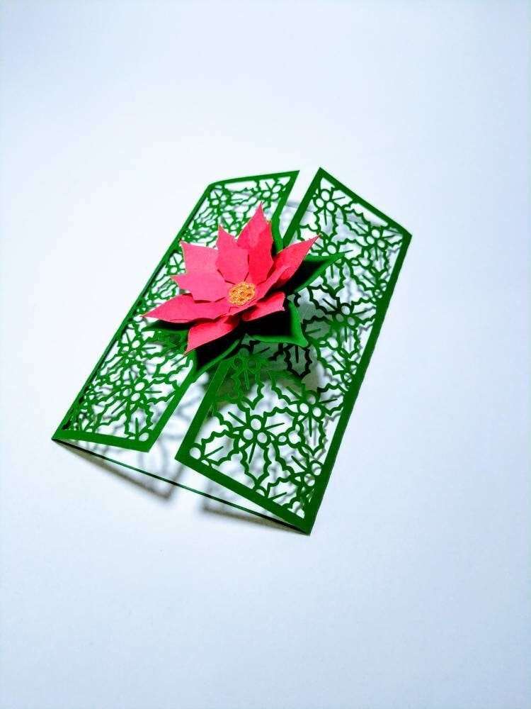 SVG Cut Files Poinsettias Christmas Flower Leaves Gate Fold Card Template Cricut Silhouette Cameo Laser Cut Holly Leaves Merry Christmas SVG