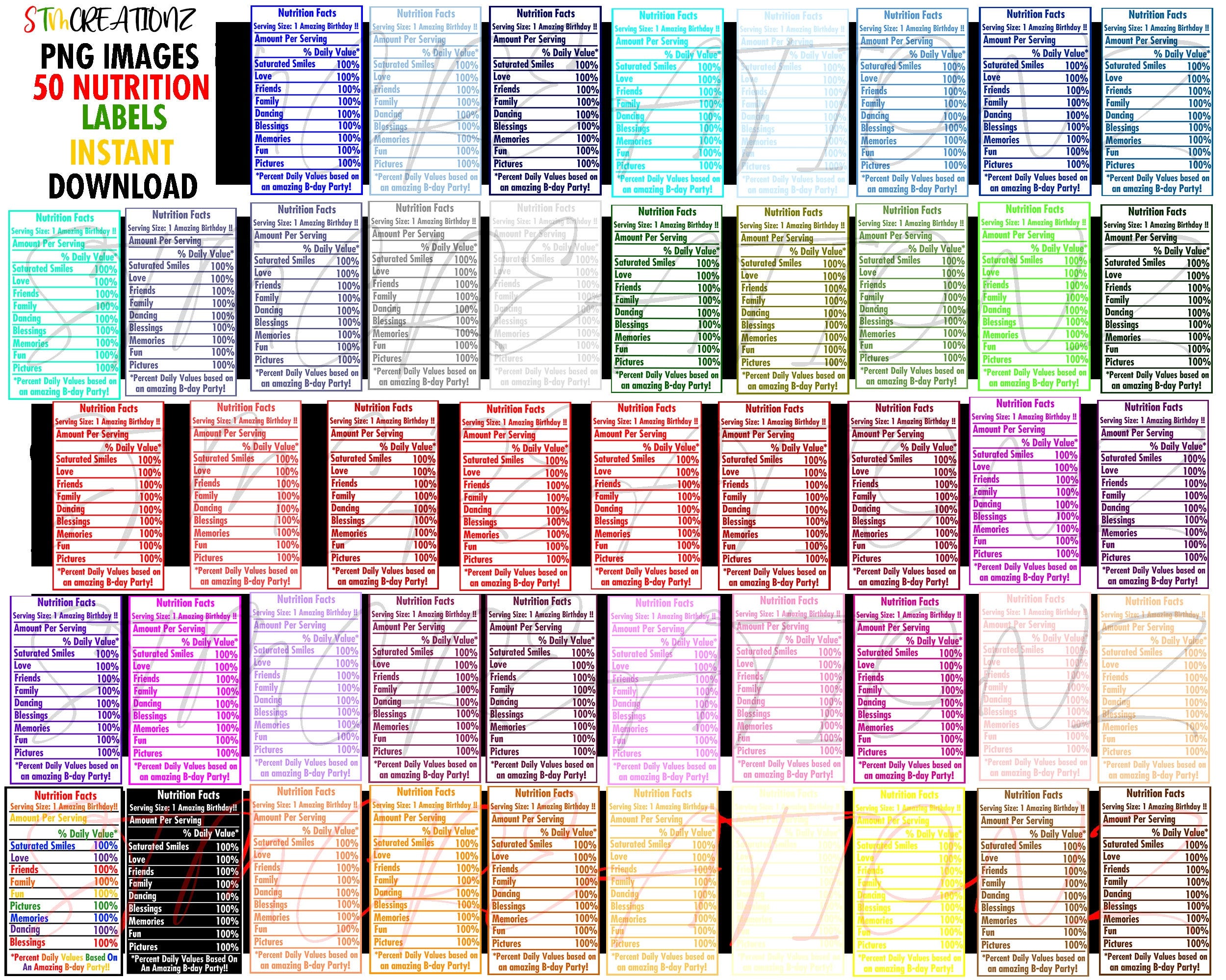 Nutrition Label| Digital Download| Instant Download| Nutrition Facts PNG| Nutrition Facts Bundle| Multicolored Nutrition Label Bundle|