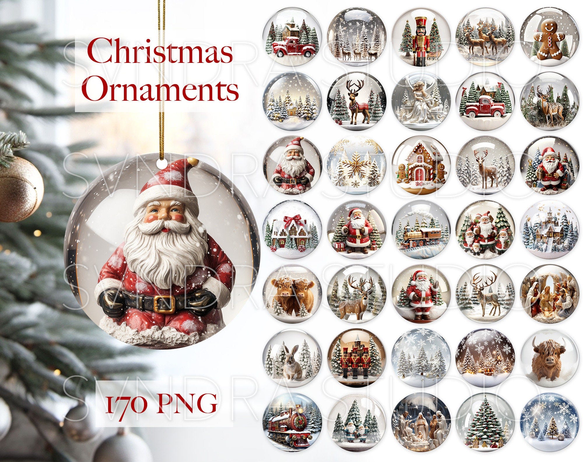 Snow Globe Christmas Ornaments png, Christmas Ornament png, 3D Round Ornament png, Christmas Ornament Sublimation Bundle png