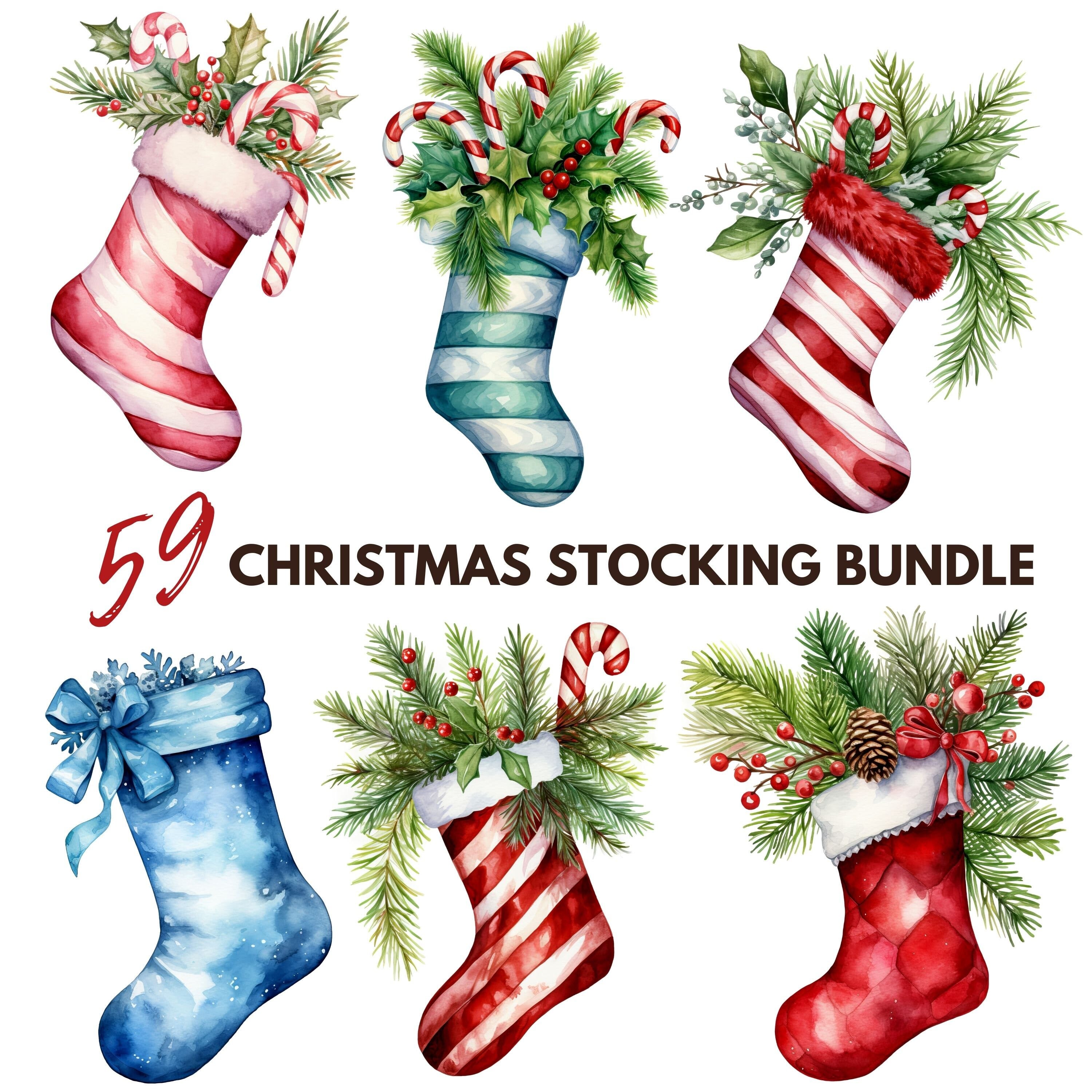 Christmas Stocking Bundle Watercolor Christmas Bundle Watercolor Christmas Sock Watercolor PNG & JPG Digital Download Commercial Use*