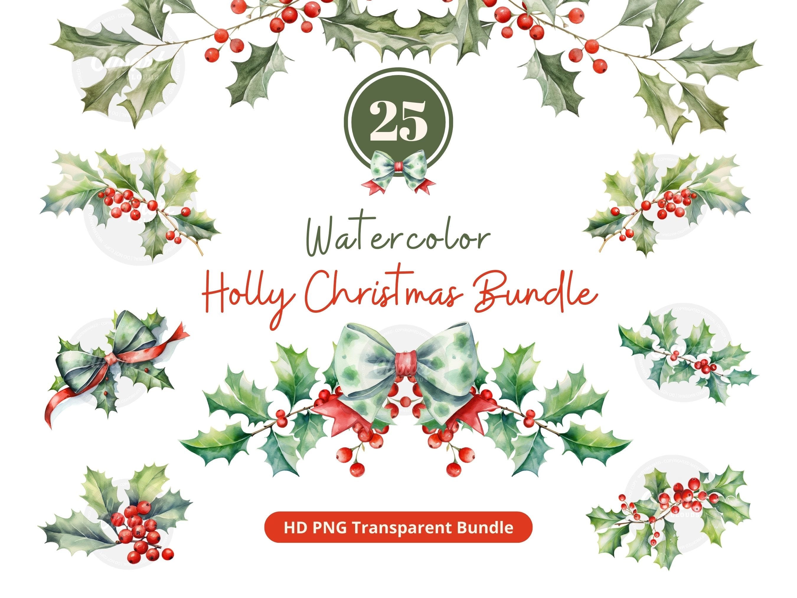 Holly Watercolor Christmas Clipart Bundle 25 PNGs | Christmas Holly Red Berry, Christmas Foliage, Commercial use | Instant Download