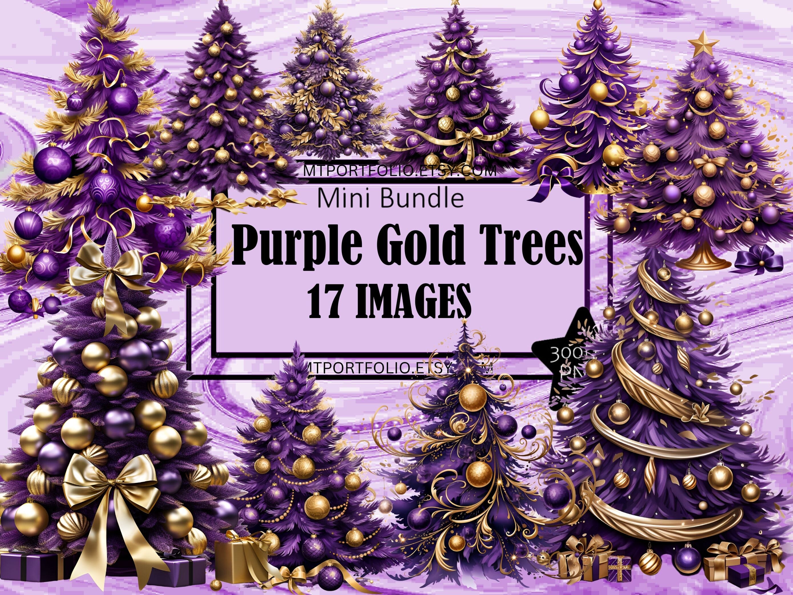 Purple Gold Glam Christmas Tree Winter Holiday PNG Art Clipart Graphics Sublimation Bundle Junk Journal Scrapbook File Transparent Download